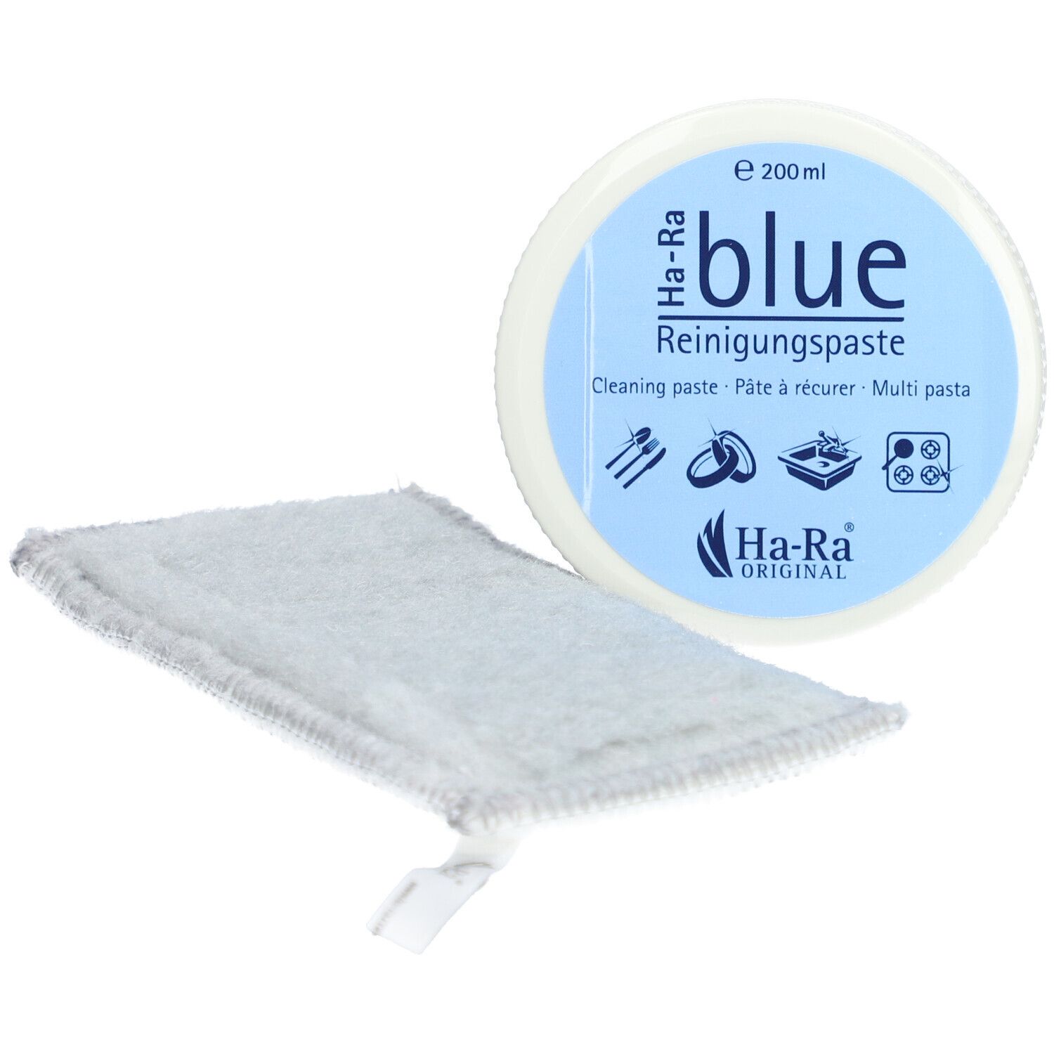 Blaues Reinigungsmittel und Fasertuch. Runde Dose mit Aufdruck, Fasertuch daneben. Text: Ha-Ra blue, 200ml.