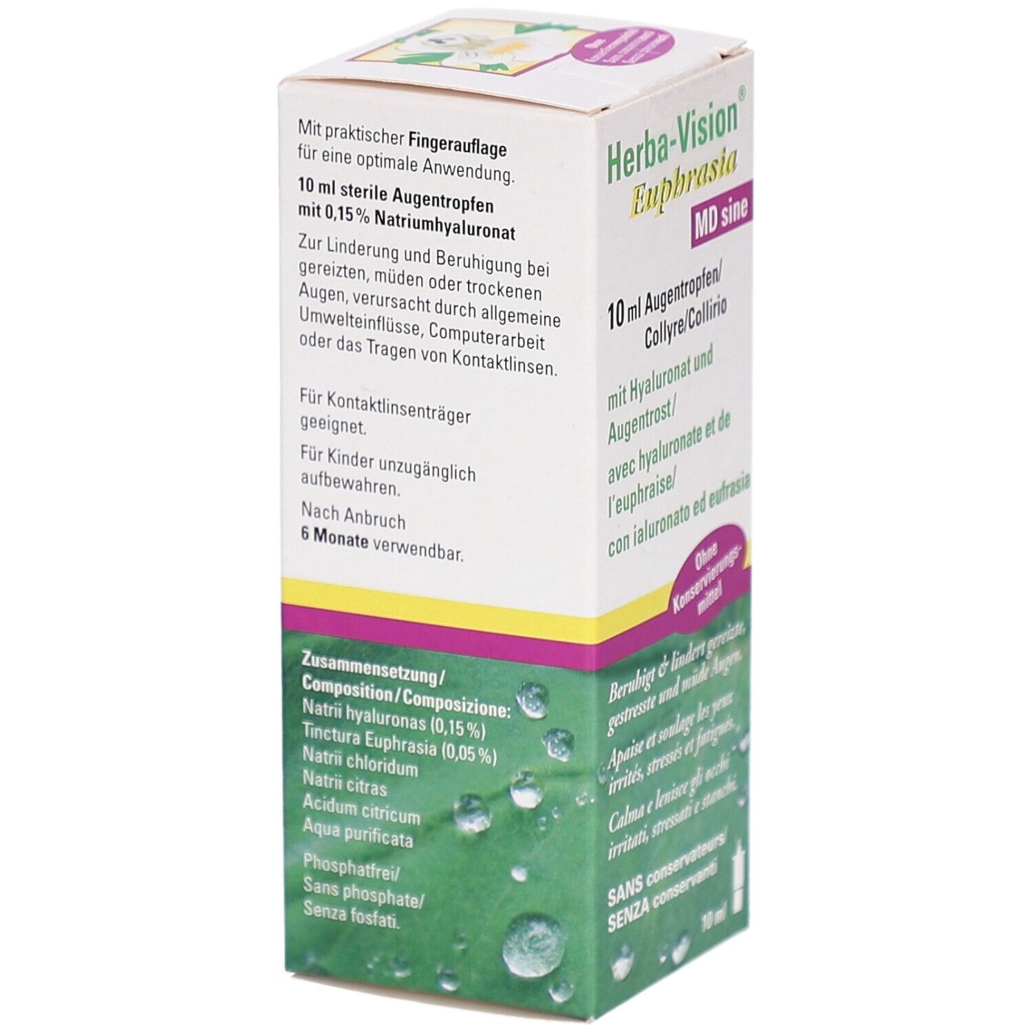 Boîte pliante avec texte. Contient 10 ml de collyre stérile avec 0,15% hyaluronate de sodium. Convient aux porteurs de lentilles. Composition listée.