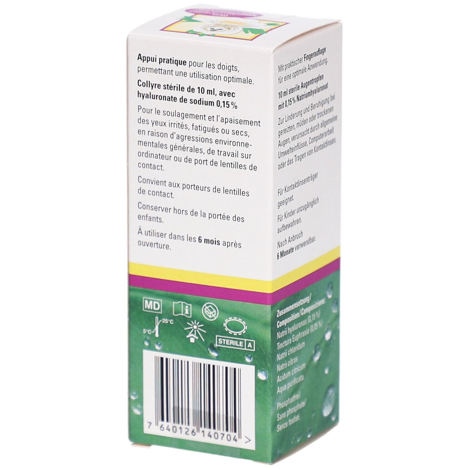 Boîte pliante avec texte et code-barres. Contient 10 ml de collyre stérile. Texte en allemand, français, italien. Marque MD.