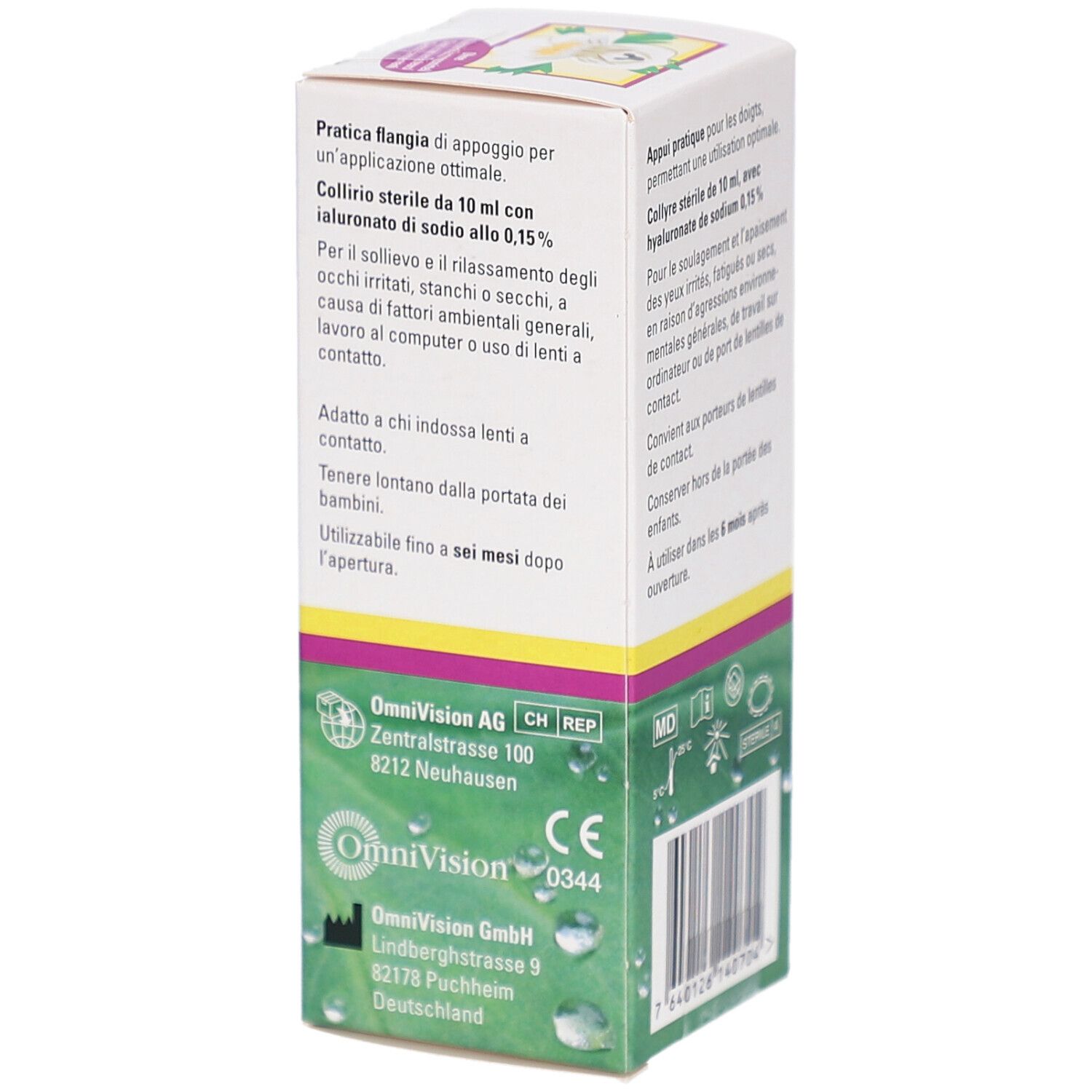 Boîte pliante avec texte. Contient 10 ml de collyre stérile. OmniVision AG, CH REP. Marque CE. Adresse.
