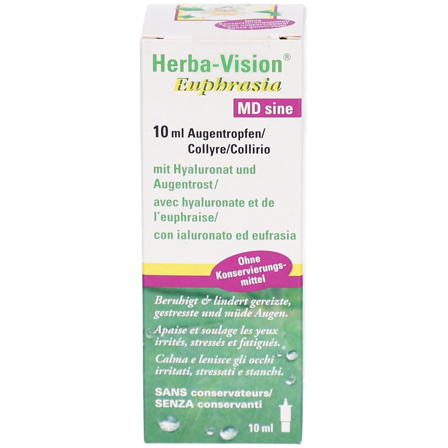 Boîte pliante blanche et jaune. Inscription: Herba-Vision Euphrasia MD sine, 10 ml collyre. Contient hyaluronate et euphraise. Sans conservateurs.