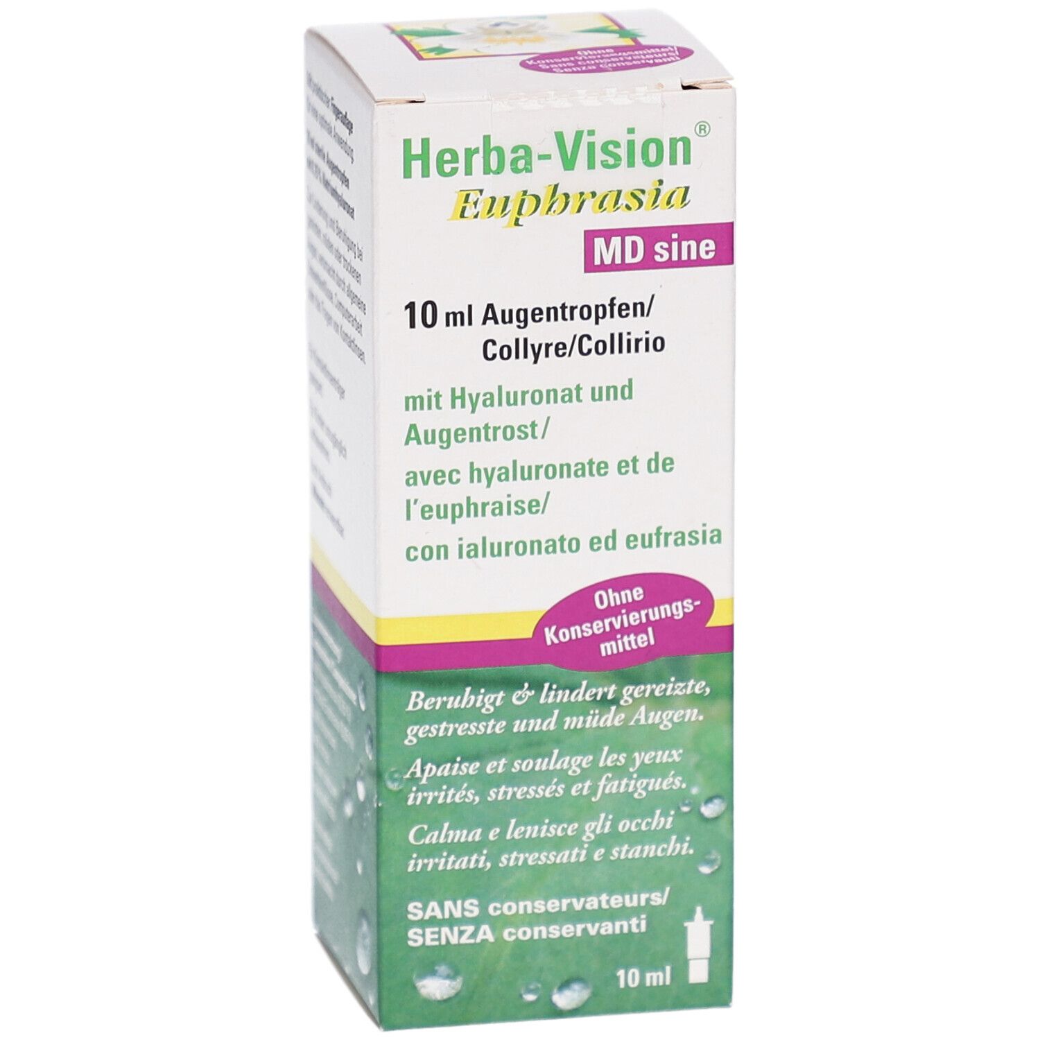 Boîte pliante blanche et jaune. Inscription: Herba-Vision Euphrasia MD sine, 10 ml collyre. Contient hyaluronate et euphraise. Sans conservateurs.