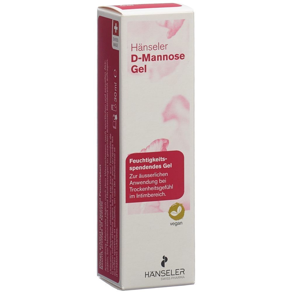 Hänseler D-Mannose Gel in Verpackung. Weißer Karton mit roter Schrift und Schweizer Kreuz. Vegan-Siegel.