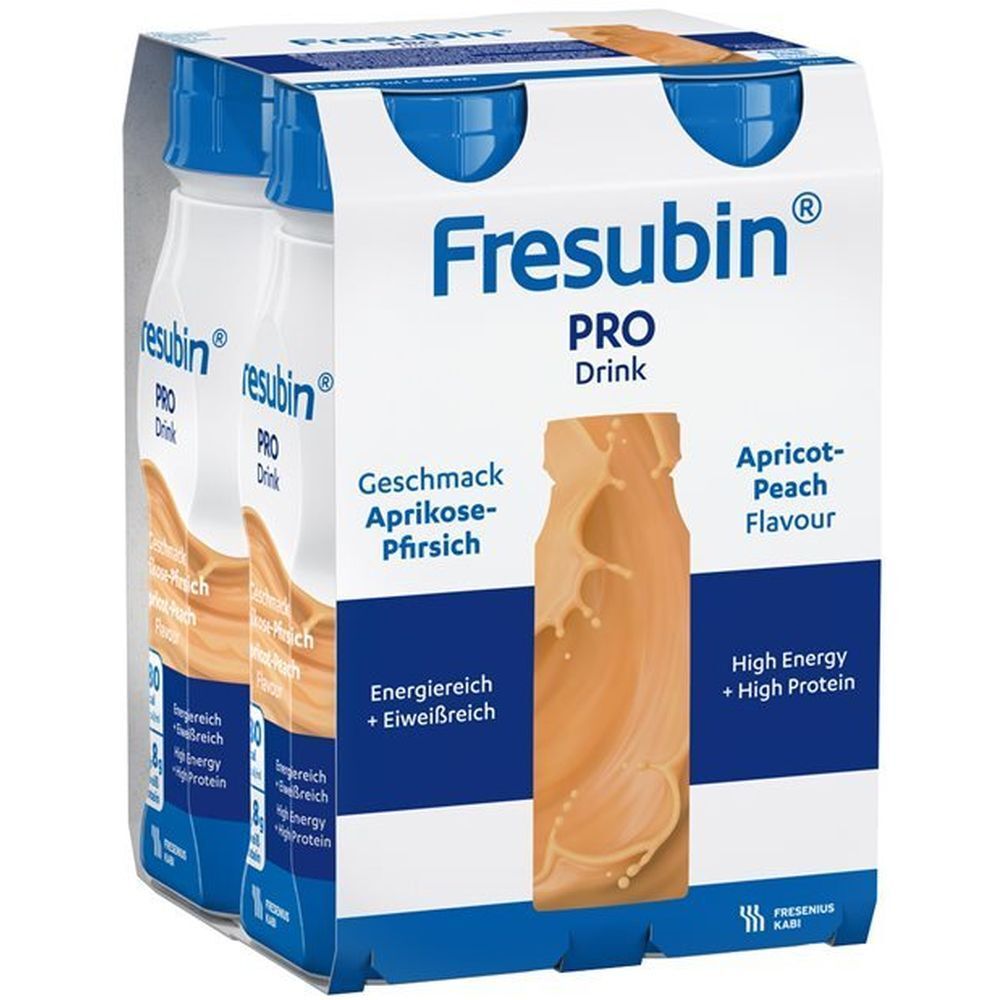 Emballage de FRESUBIN® Pro Drink, goût abricot-pêche. Contient 4 bouteilles. Inscription : High Energy + High Protein.