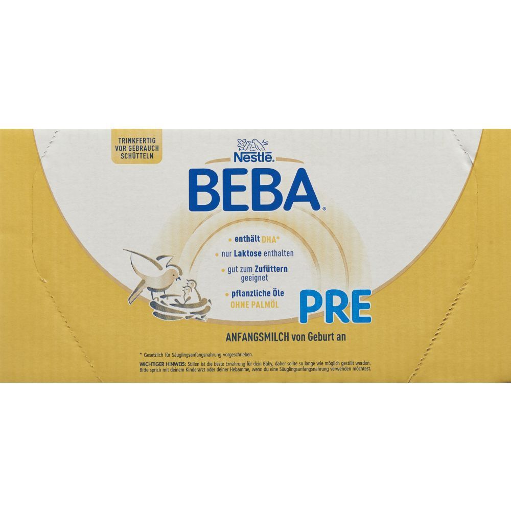 Gelbe Verpackung von Nestle BEBA PRE Anfangsmilch. Enthält DHA, ohne Laktose, gut zum Zufüttern, ohne Palmöl.