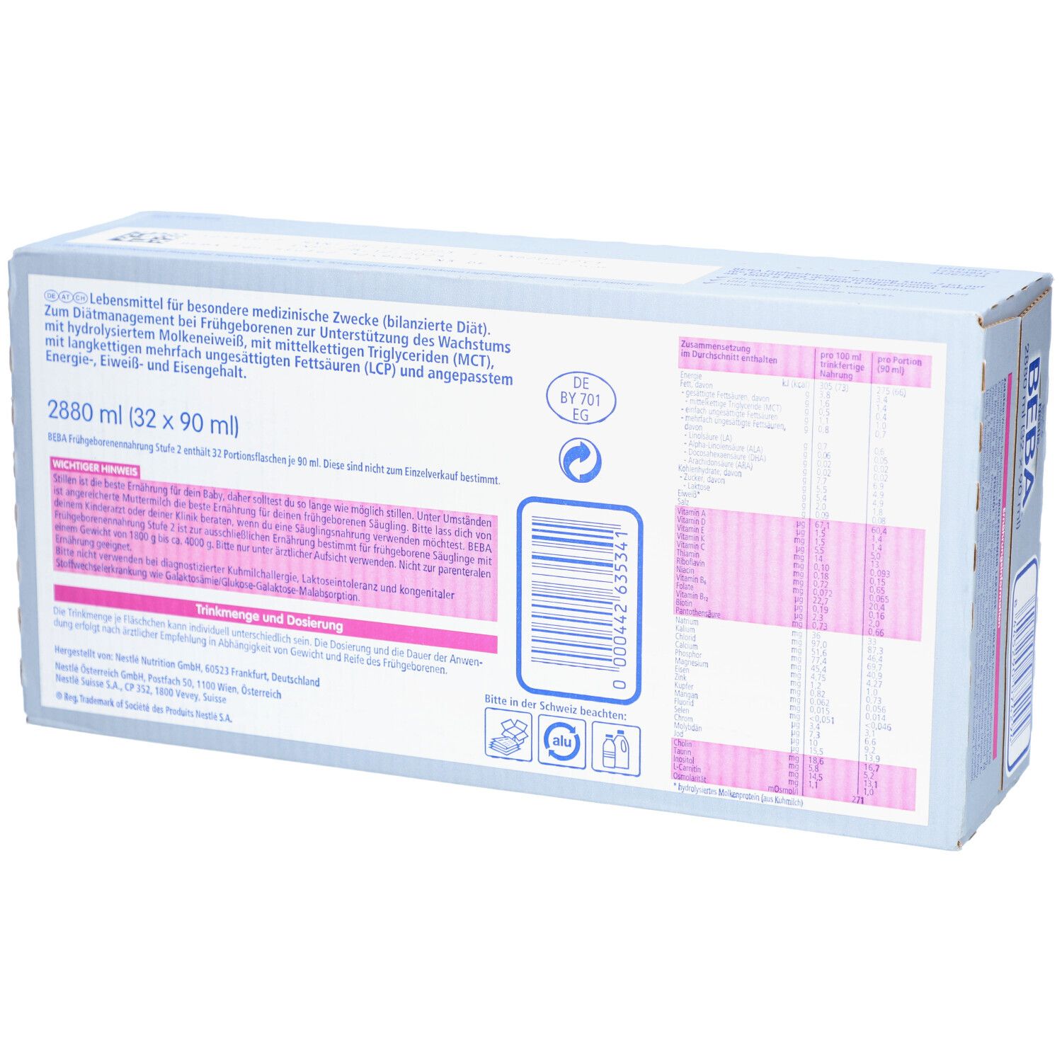 Rückseite des Kartons mit NESTLÉ BEBA Frühgeborenen-Nahrung. Textinformationen und Barcode.