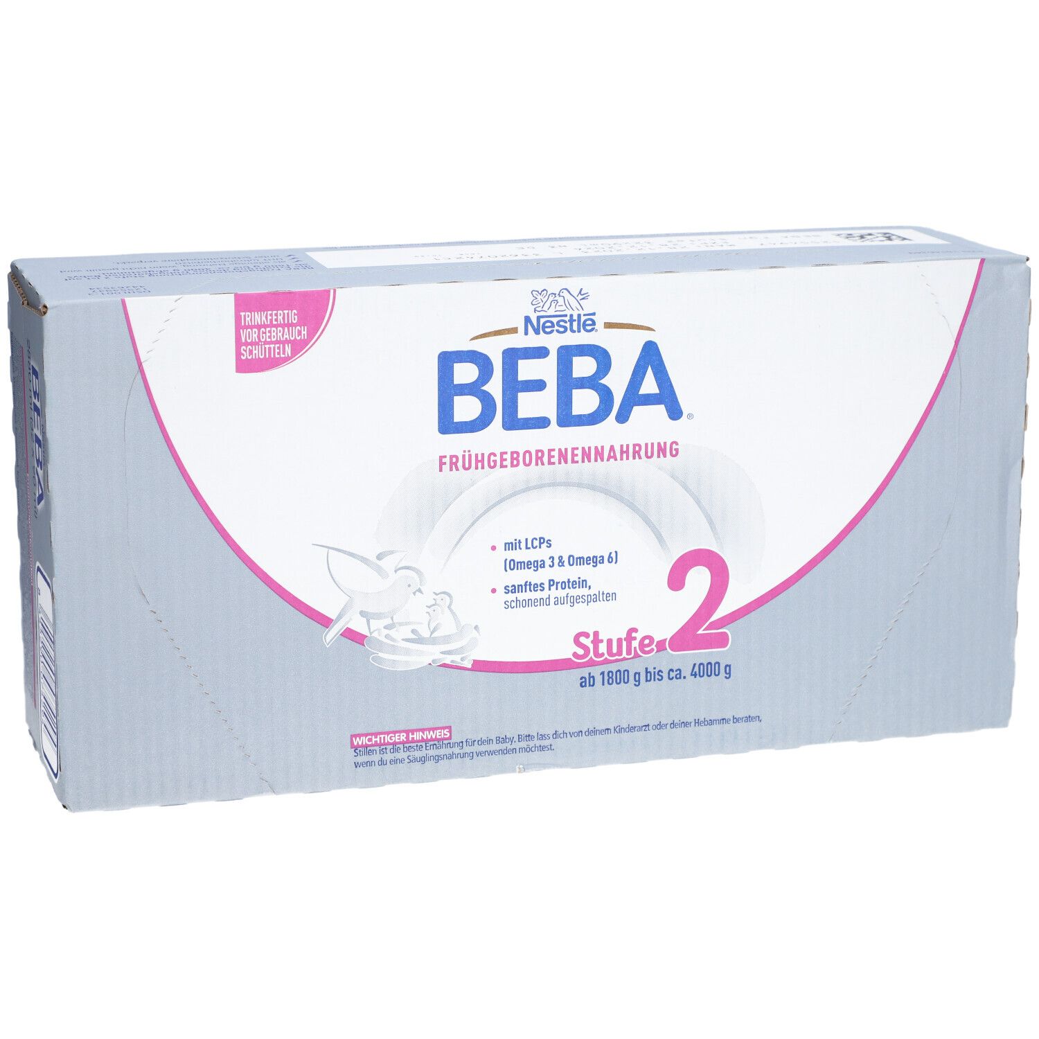 Karton mit NESTLÉ BEBA Frühgeborenen-Nahrung. Rosa und blaue Verpackung. Stufe 2, ab 1800 g bis ca. 4000 g.