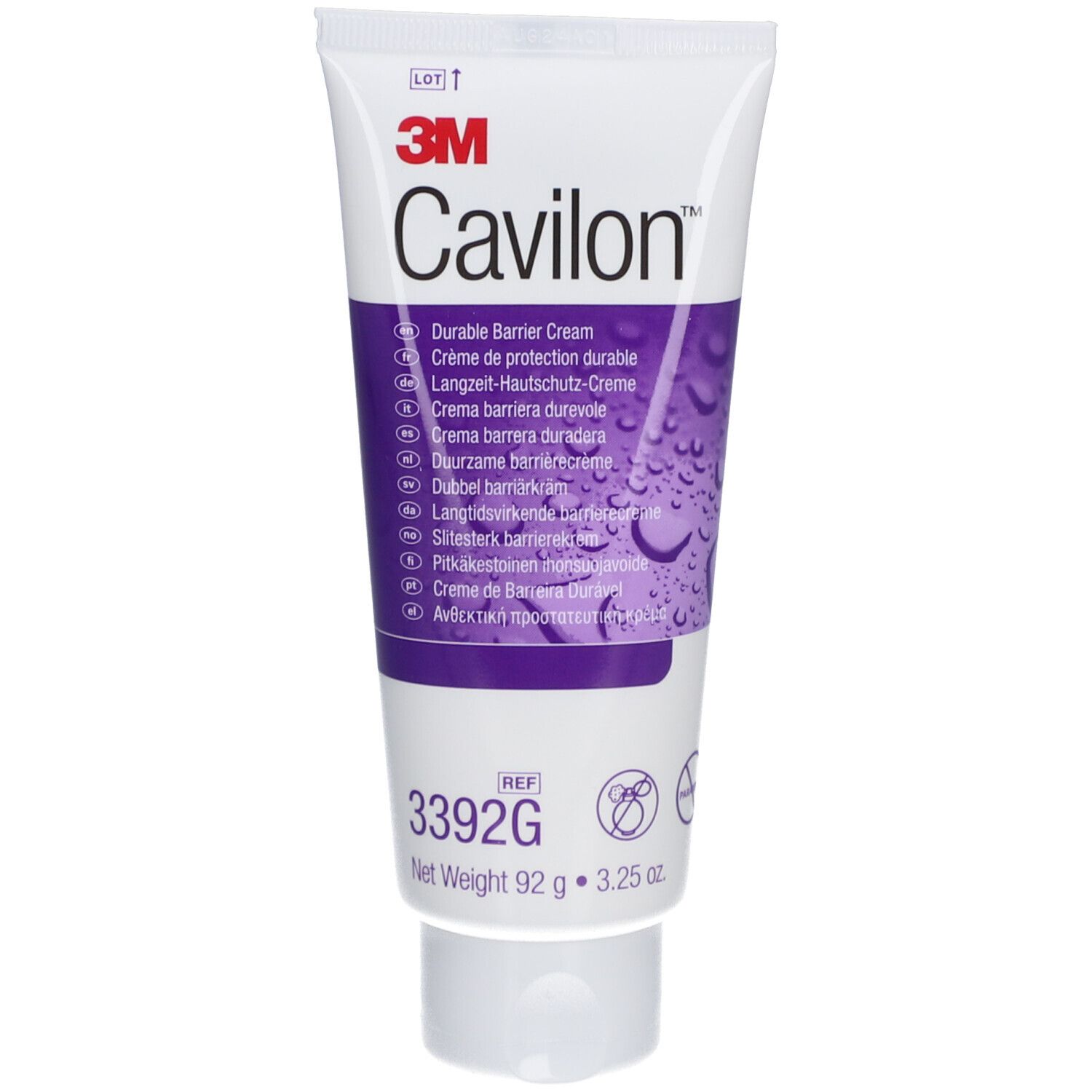 Tube de crème Cavilon. Accent violet, motif gouttes. Logo 3M. Texte: Durable Barrier Cream.