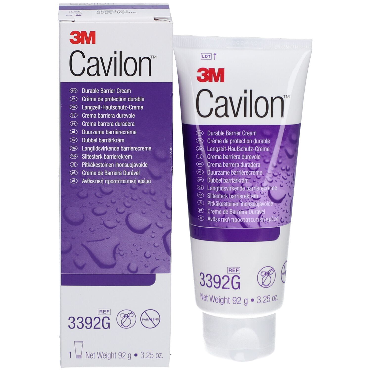 Tube et emballage de crème Cavilon. Accent violet, motif gouttes. Logo 3M. Texte: Durable Barrier Cream.