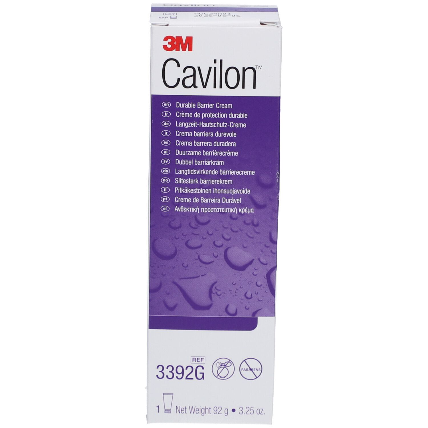 Emballage de la crème Cavilon. Accent violet, motif gouttes. Logo 3M. Texte: Durable Barrier Cream.