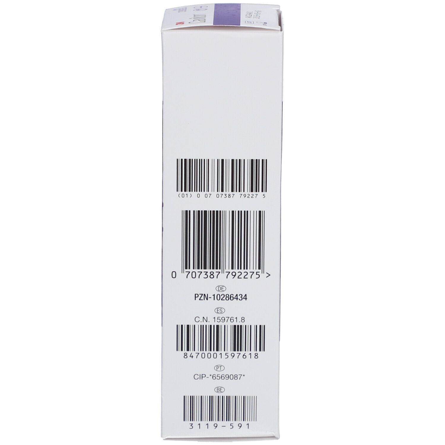 Côté de l'emballage de la crème Cavilon. Codes-barres et informations sur le produit.