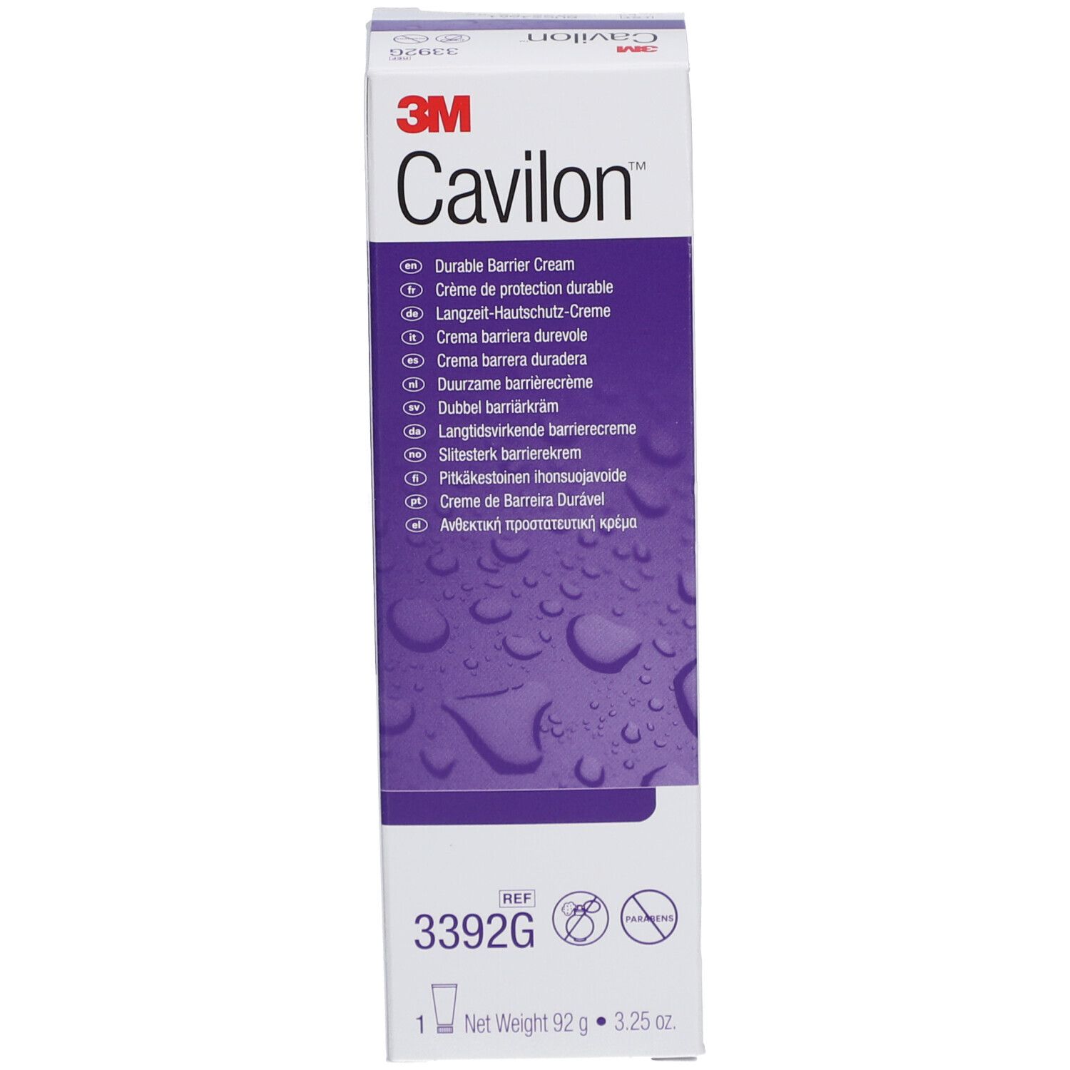 Emballage de la crème Cavilon. Accent violet, motif gouttes. Logo 3M. Texte: Durable Barrier Cream.