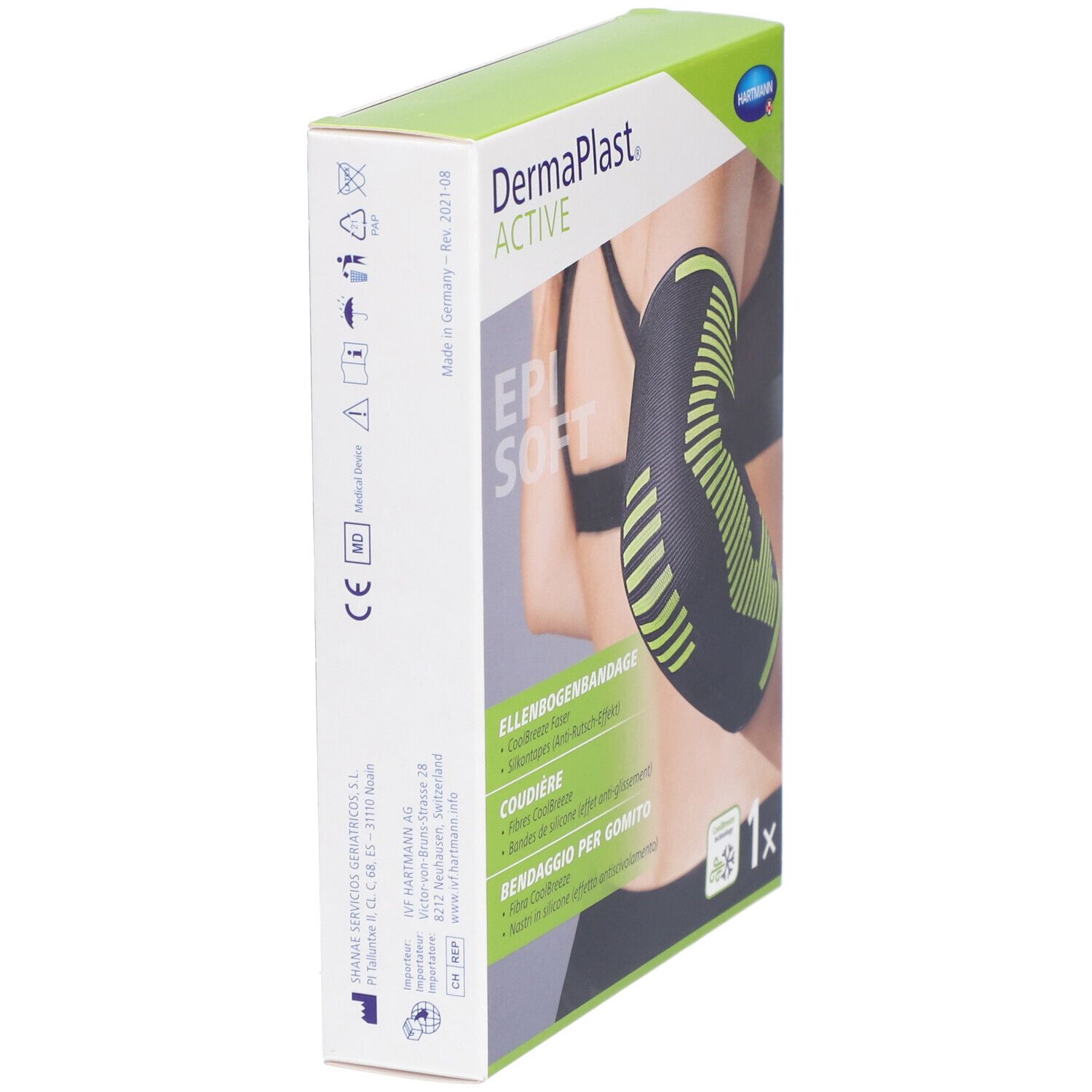 Dermaplast Aktiv Epi Soft Verpackung. Seitenansicht. Ellbogenbandage abgebildet. Text: Coolbreeze Faser, Silikontapes.