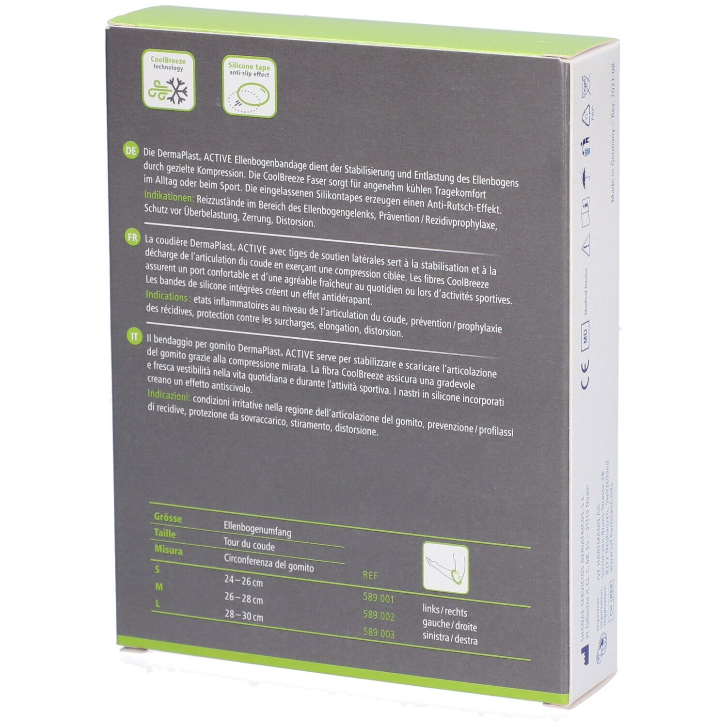 Rückseite der Dermaplast Aktiv Epi Soft Verpackung. Text: Informationen zur Anwendung und Größenangaben.