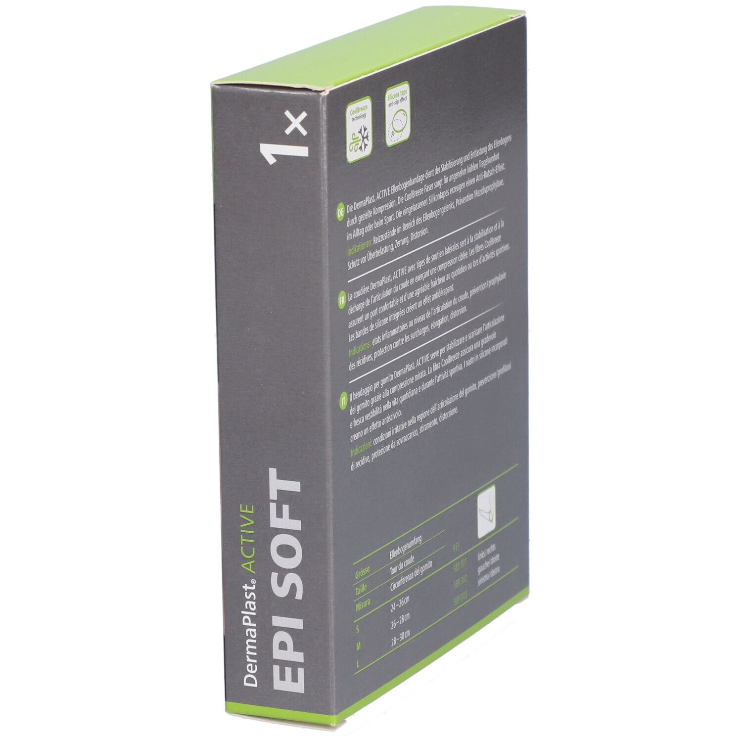 Dermaplast Aktiv Epi Soft Verpackung. Text: Produktinformationen und Größenangaben.