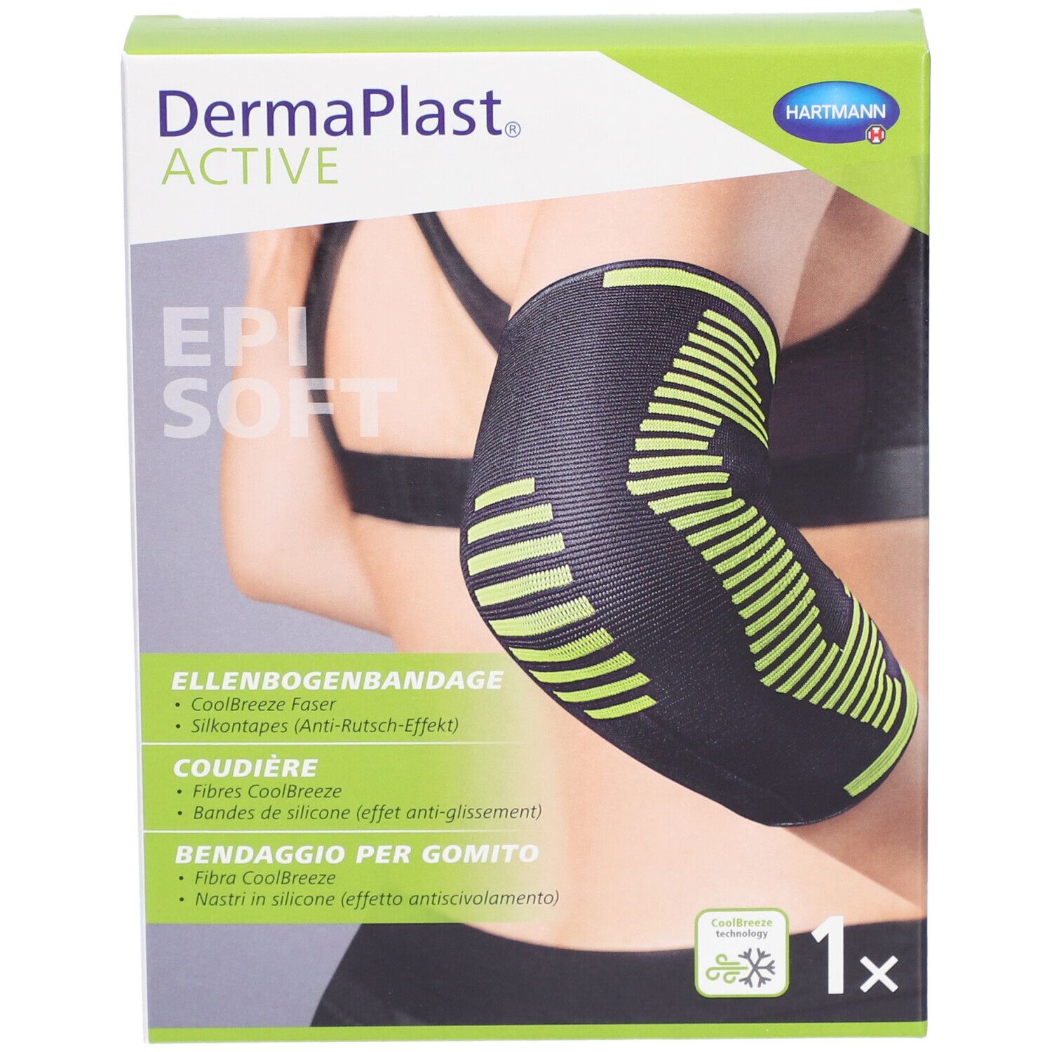 Dermaplast Aktiv Epi Soft Verpackung. Ellbogenbandage abgebildet. Text: Coolbreeze Faser, Silikontapes.