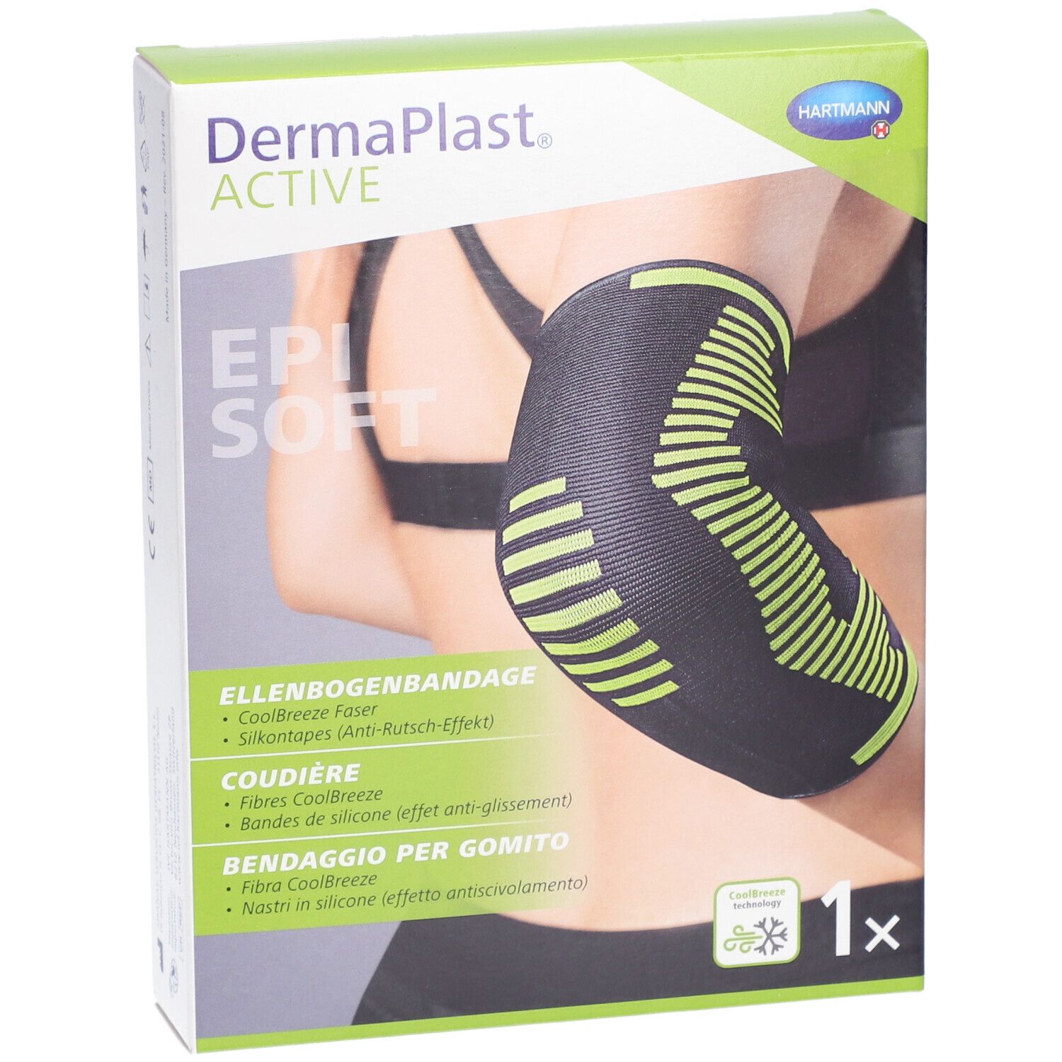Dermaplast Aktiv Epi Soft Verpackung. Ellbogenbandage abgebildet. Text: Coolbreeze Faser, Silikontapes.