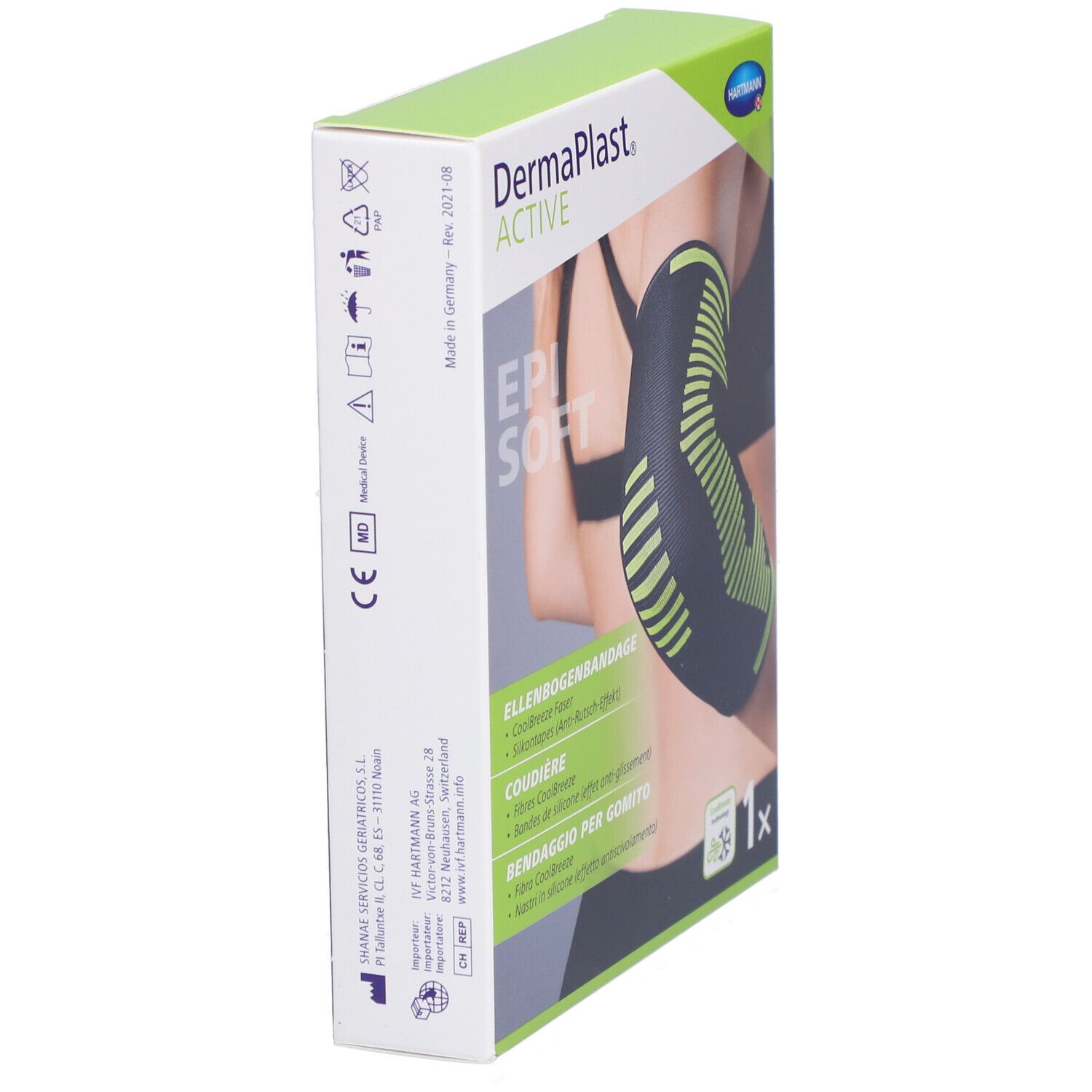 Vue latérale de la boîte DermaPlast Active Epi Soft. Texte: Ellenbogenbandage, Coudière, Bendaggio per gomito. Logo Hartmann.