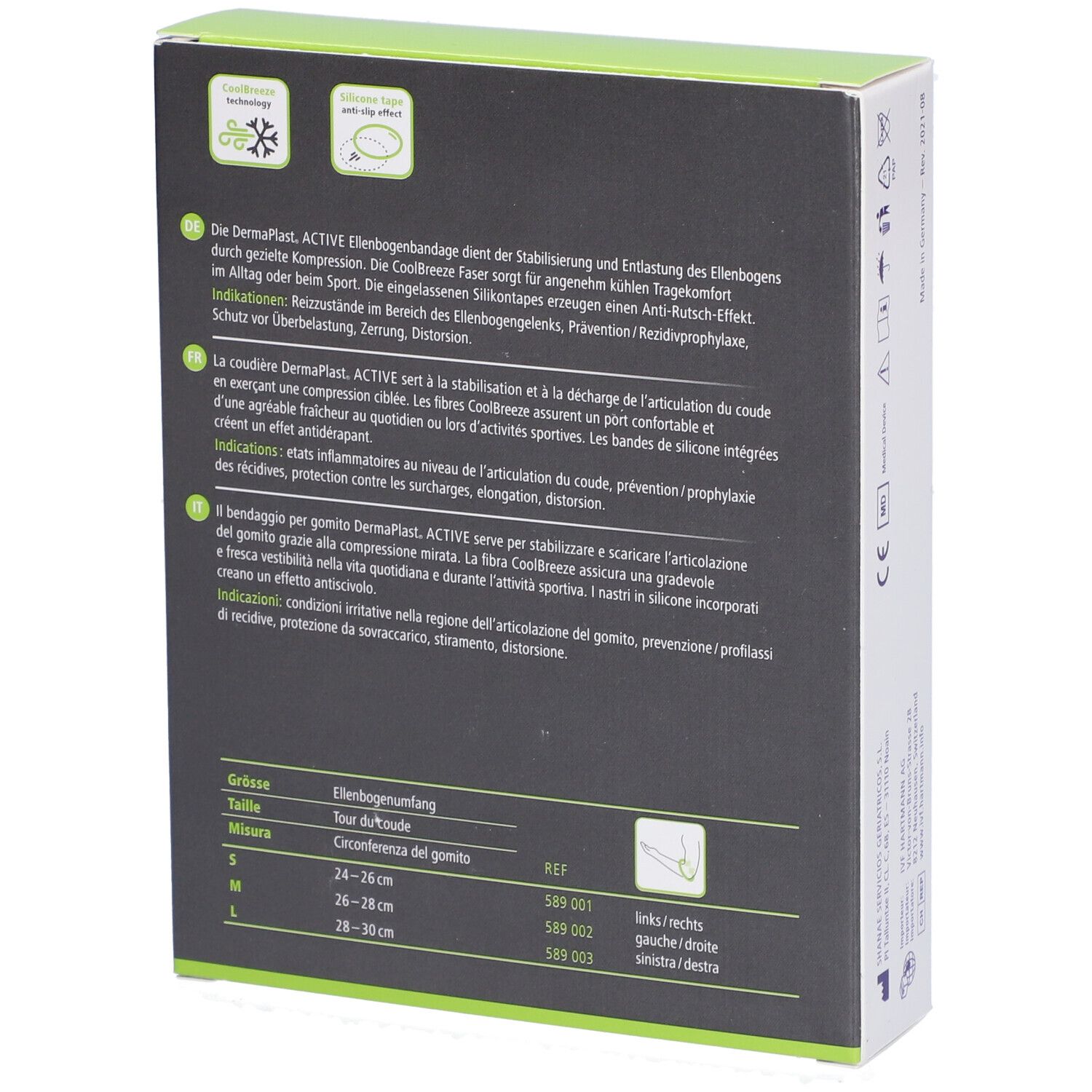 Dos de la boîte DermaPlast Active Epi Soft. Texte: informations de taille, description du produit en allemand, français et italien.