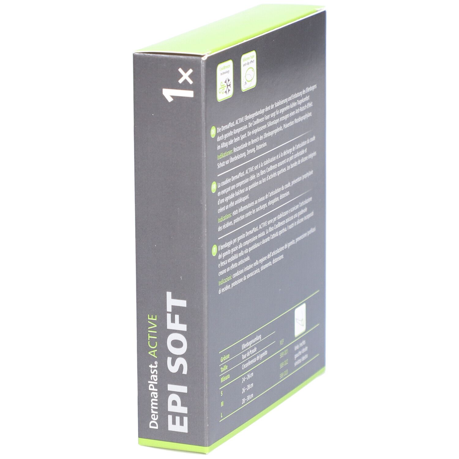 Vue latérale de la boîte DermaPlast Active Epi Soft. Texte: nom du produit, informations de taille, description du produit.