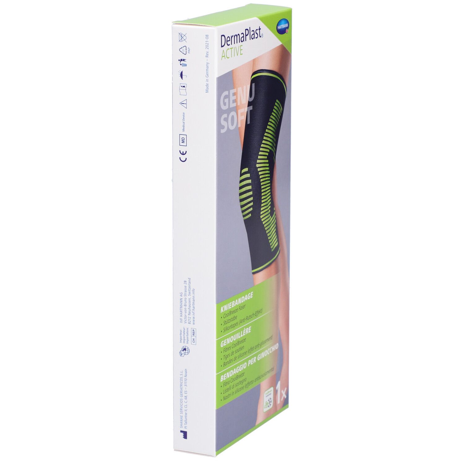 Dermaplast Aktiv Genu Soft M Verpackung, Seitenansicht. Produktname, grüne und schwarze Kniebandage abgebildet.