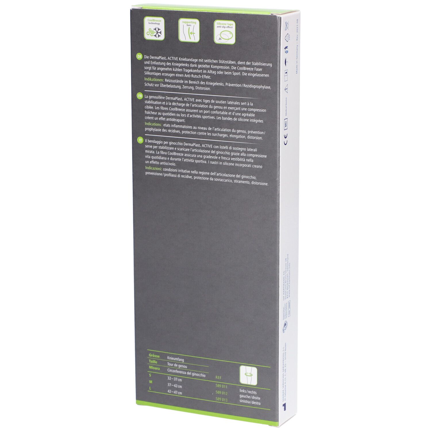 Rückseite der Dermaplast Aktiv Genu Soft M Verpackung. Produktinformationen, Größenangaben, grüne und schwarze Elemente.