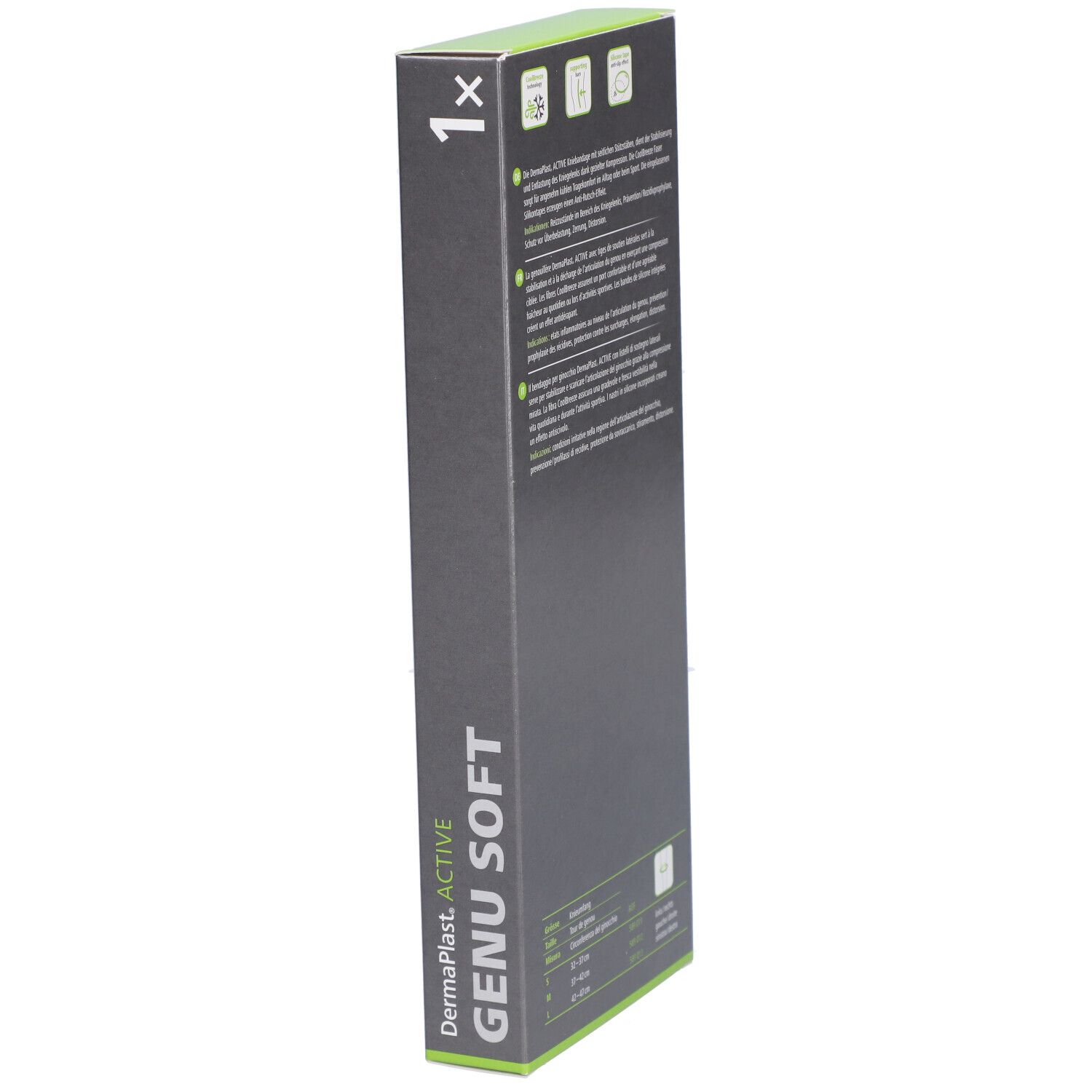 Dermaplast Aktiv Genu Soft M Verpackung, Seitenansicht. Produktname, Text und grüne Elemente.
