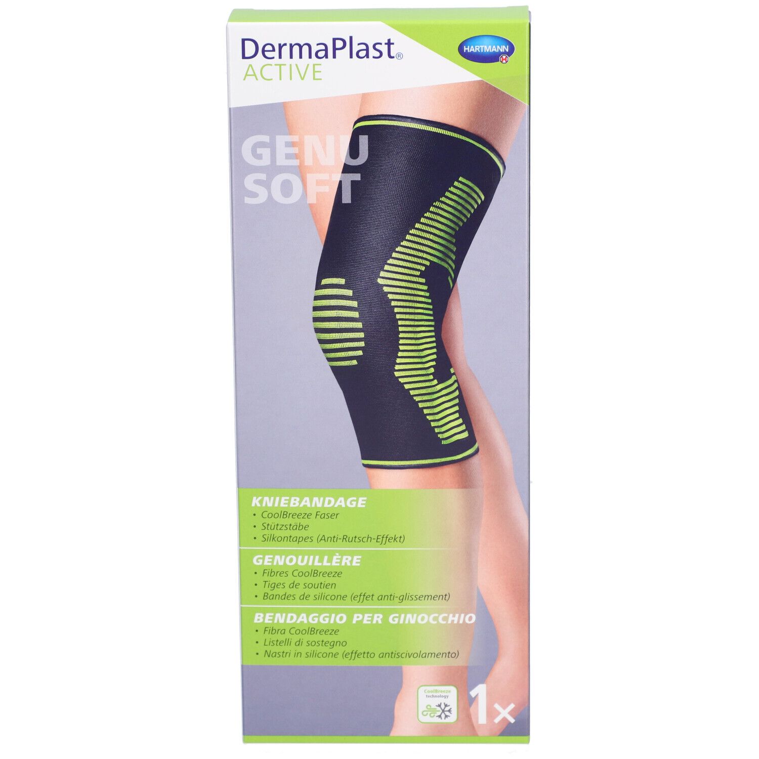 Dermaplast Aktiv Genu Soft M Verpackung. Kniebandage auf Bein abgebildet. Grün-schwarze Bandage, Produktname.