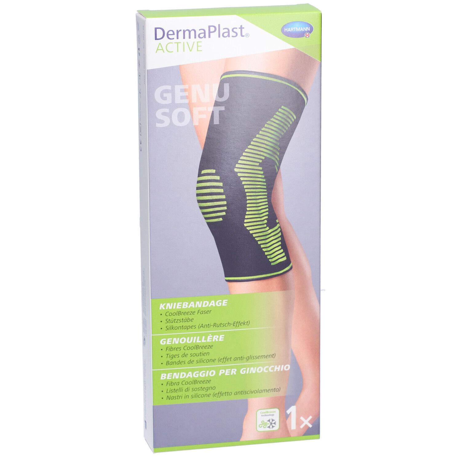 Dermaplast Aktiv Genu Soft M Verpackung. Kniebandage auf Bein abgebildet. Grün-schwarze Bandage, Produktname.