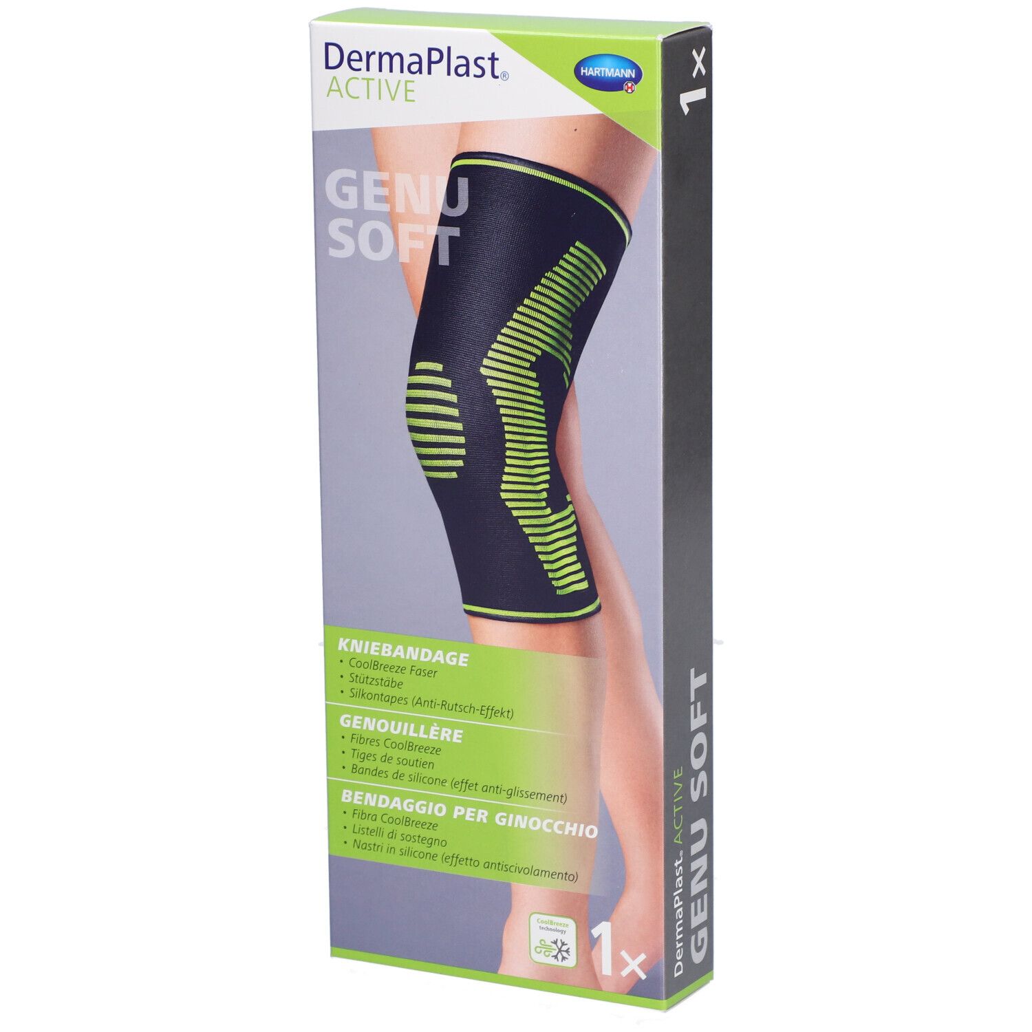 Verpackung mit Kniebandage. Schwarz mit grünen Akzenten. Aufgedruckt: Dermaplast Active Genu Soft. Abbildung eines Beins mit Bandage.