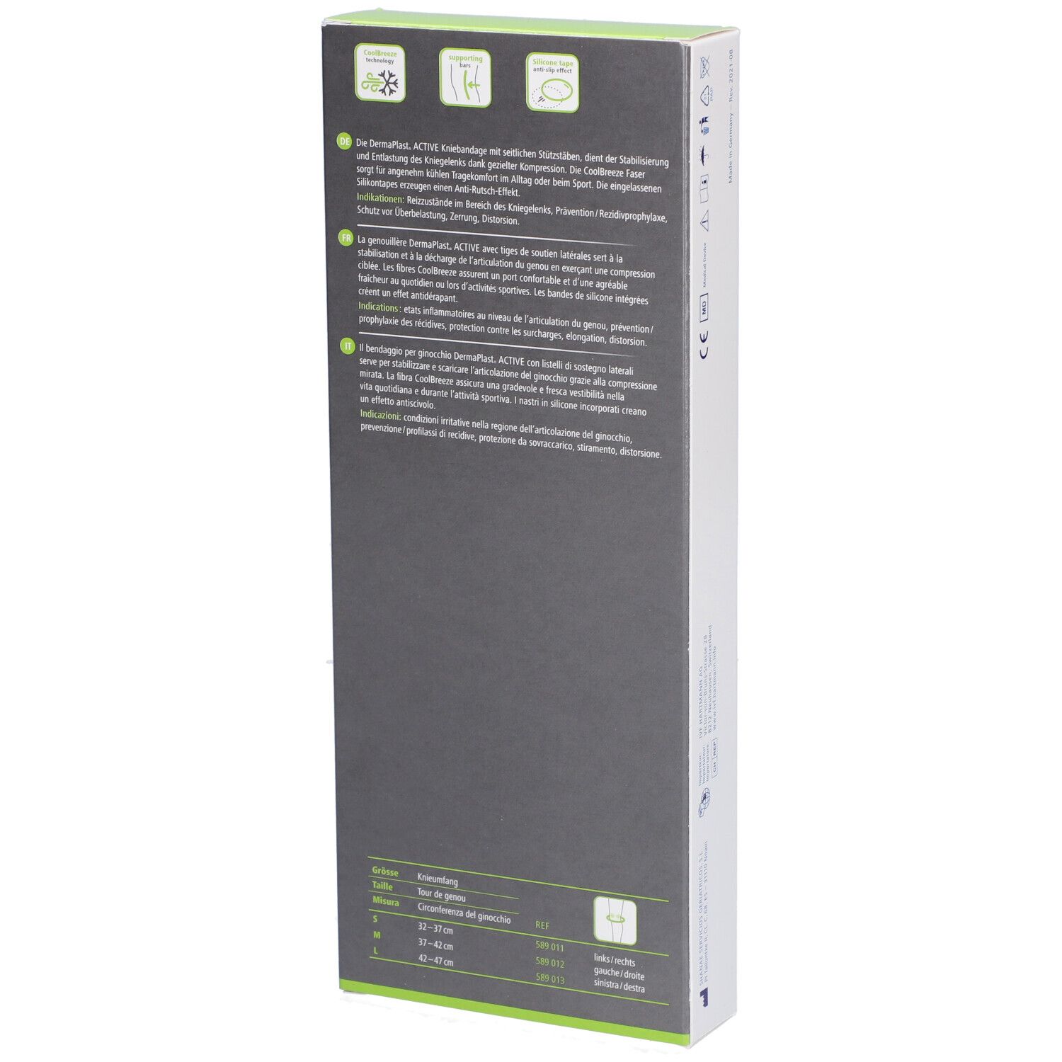 Rückseite der Verpackung. Text in Deutsch, Französisch, Italienisch und Niederländisch. Informationen zur Kniebandage. Grauer Hintergrund.