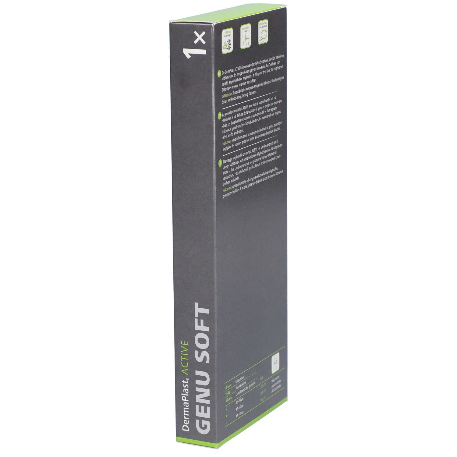Schmale Verpackung. Seite mit Dermaplast Active Genu Soft. Text und Piktogramme. Grauer Hintergrund.
