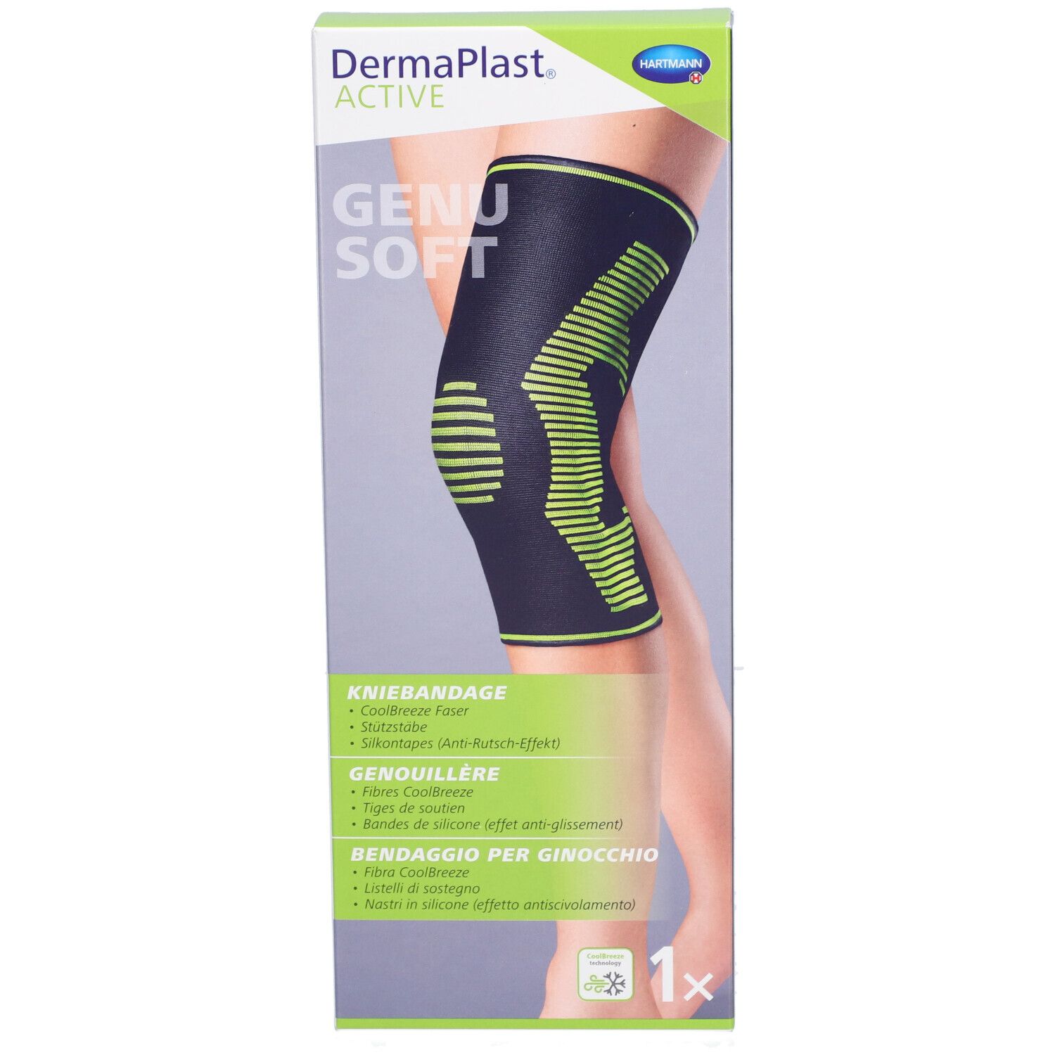 Verpackung mit Kniebandage. Schwarz mit grünen Akzenten. Aufgedruckt: Dermaplast Active Genu Soft. Abbildung eines Beins mit Bandage.