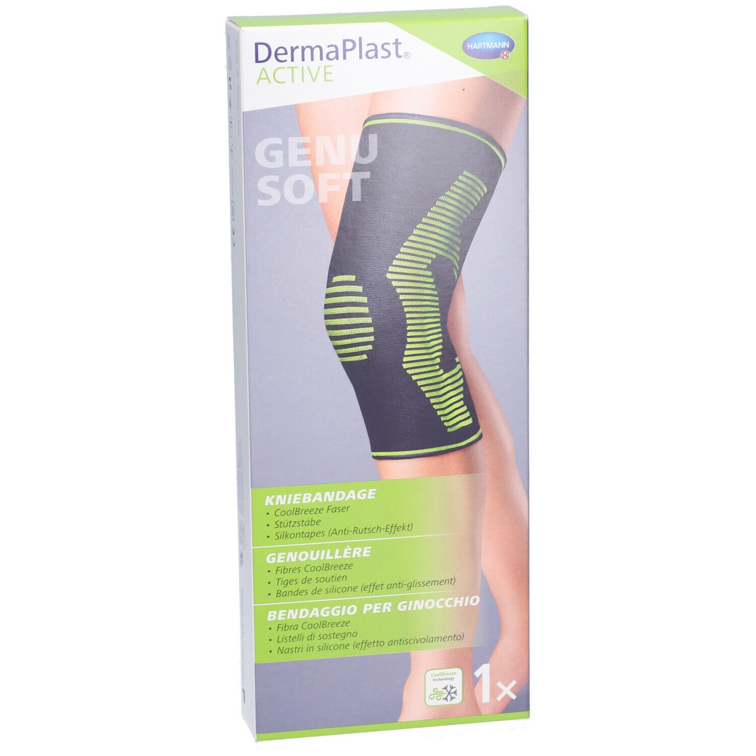 Verpackung mit Kniebandage. Schwarz mit grünen Akzenten. Aufgedruckt: Dermaplast Active Genu Soft. Abbildung eines Beins mit Bandage.