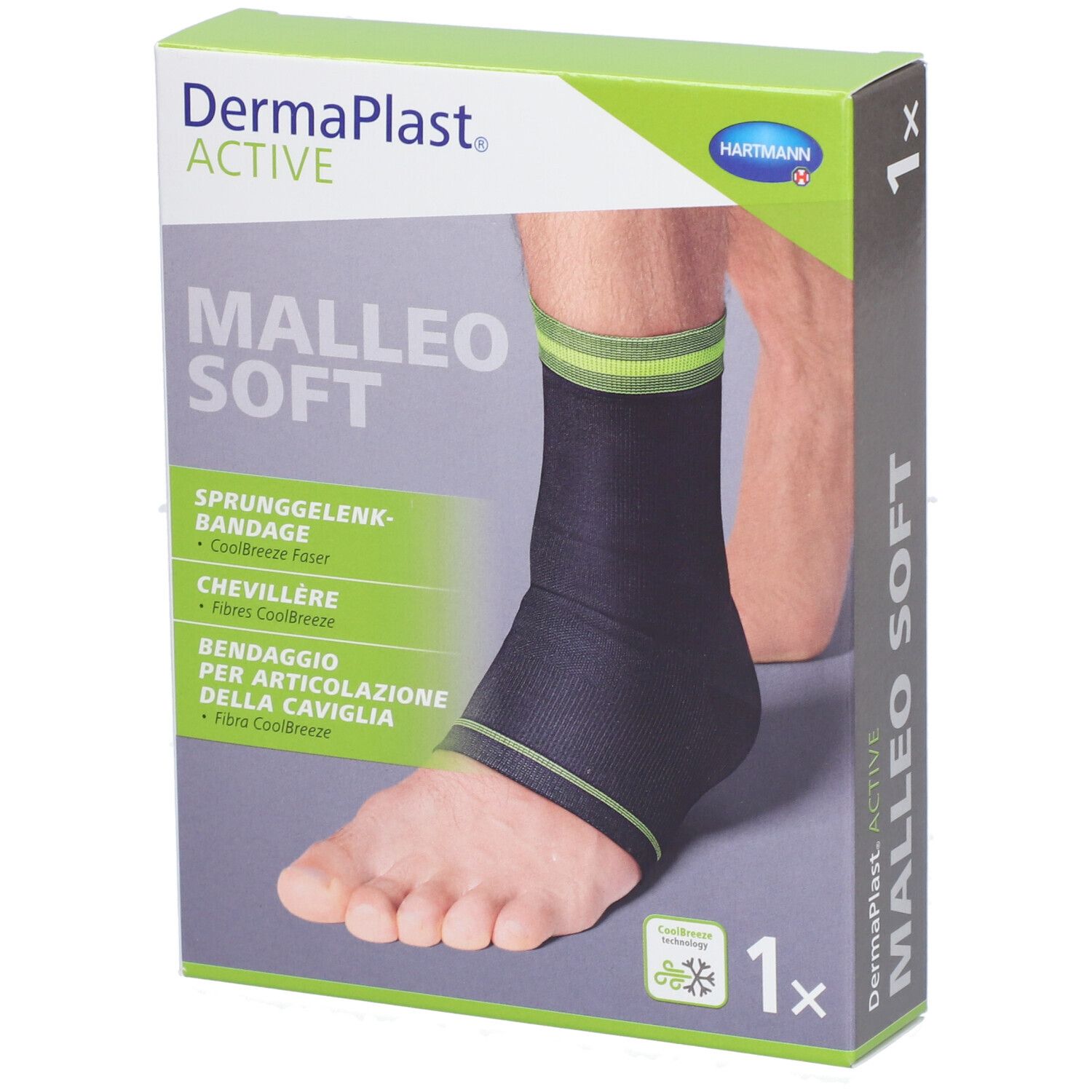 Verpackung von Dermaplast® Aktiv Malleo Soft. Bandage am Fuß abgebildet. Grün-schwarze Farben. 1 Stück.
