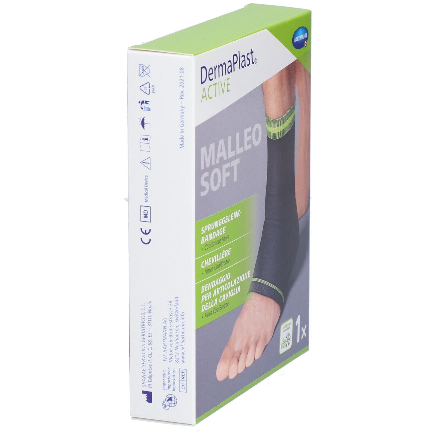 Dermaplast® Aktiv Malleo Soft Verpackung. Seitenansicht. Grün-schwarze Bandage am Fuß. 1 Stück.
