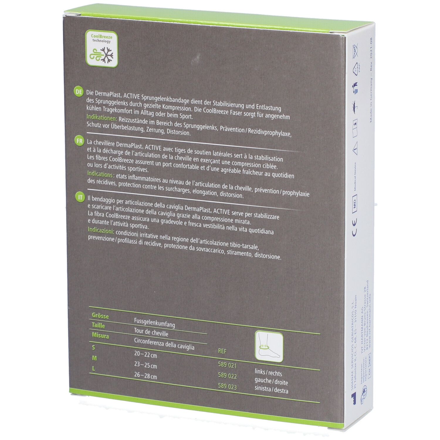 Rückseite der Dermaplast® Aktiv Malleo Soft Verpackung. Text in Deutsch, Französisch, Italienisch. Größenangaben.