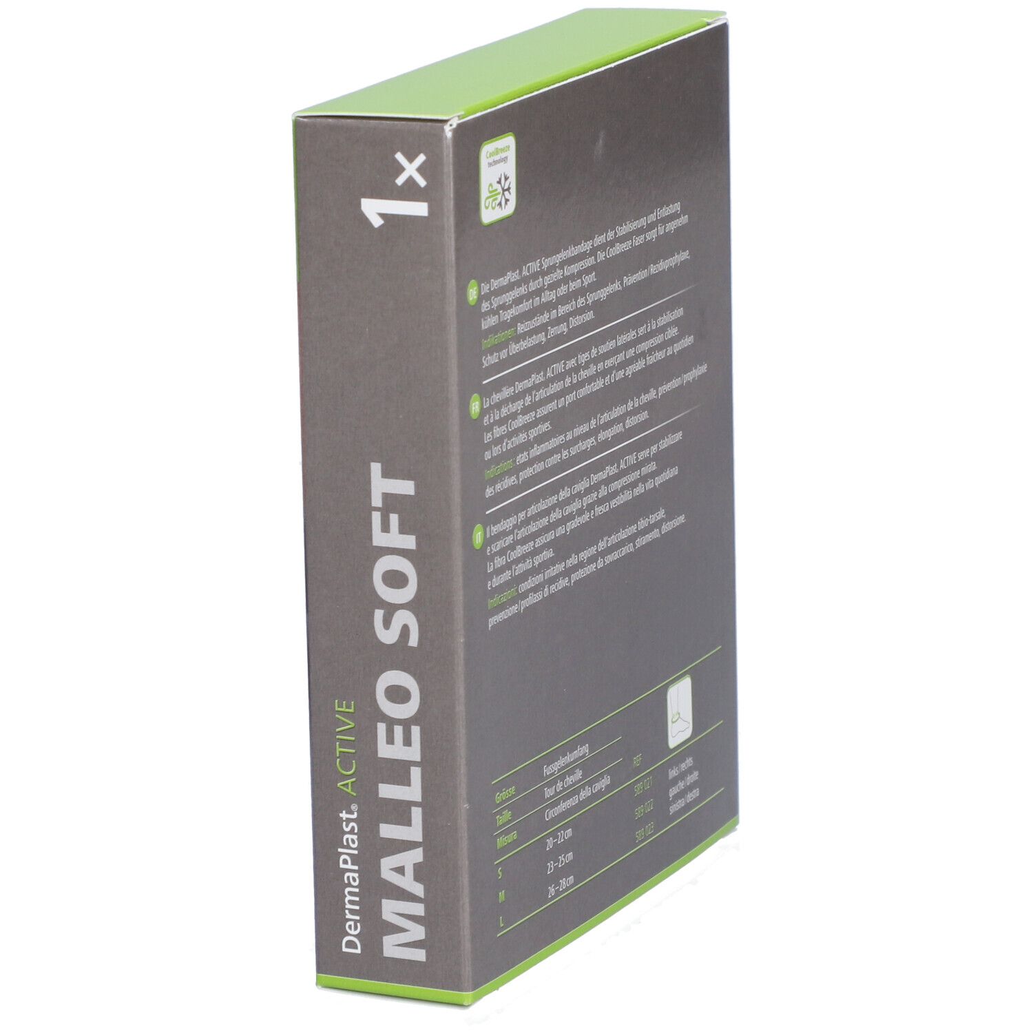 Dermaplast® Aktiv Malleo Soft Verpackung. Seitenansicht. Text und Größenangaben. 1 Stück.
