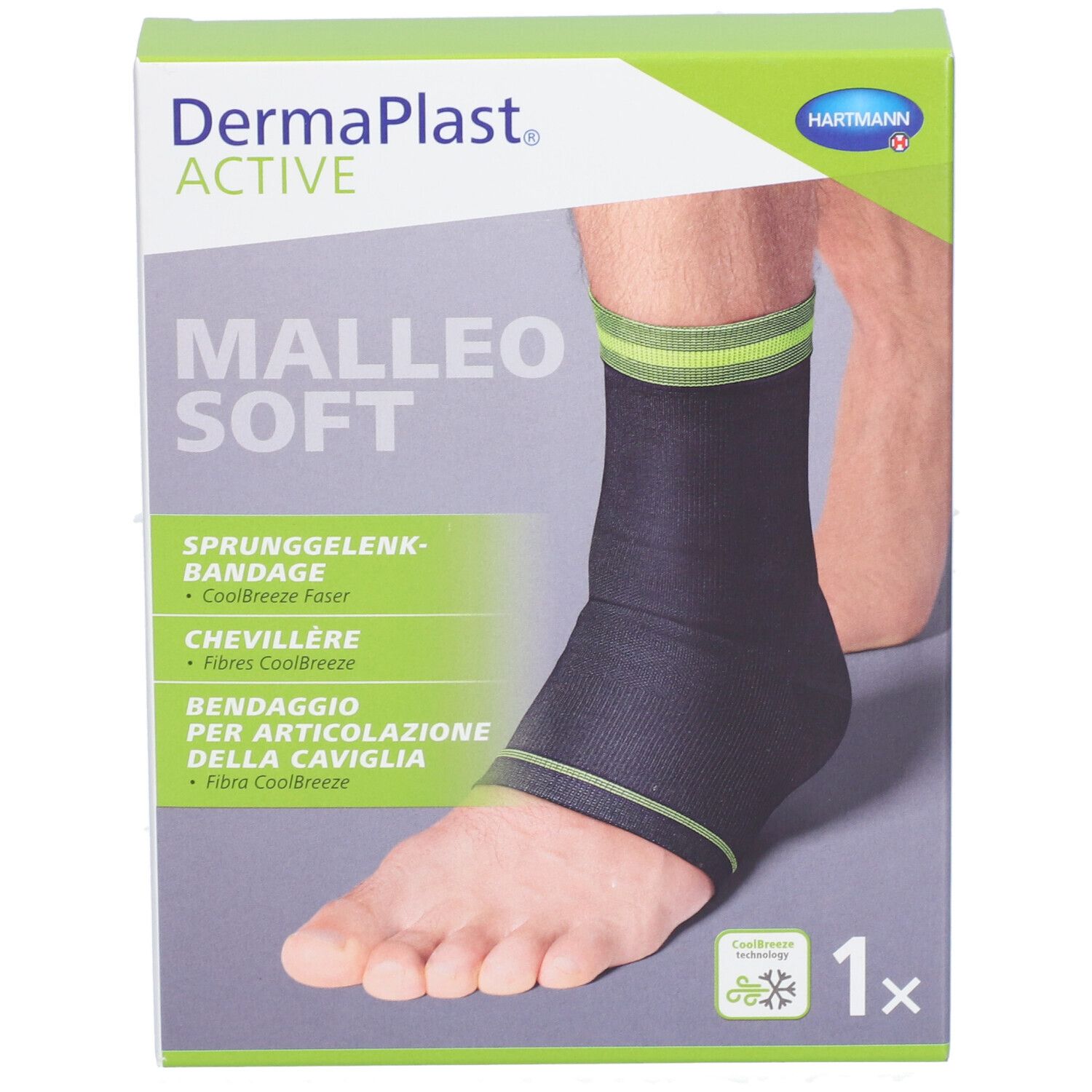 Dermaplast® Aktiv Malleo Soft Verpackung. Bandage am Fuß abgebildet. Grün-schwarze Farben. 1 Stück.