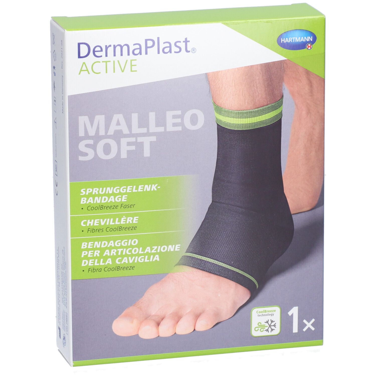 Dermaplast® Aktiv Malleo Soft Verpackung. Bandage am Fuß abgebildet. Grün-schwarze Farben. 1 Stück.