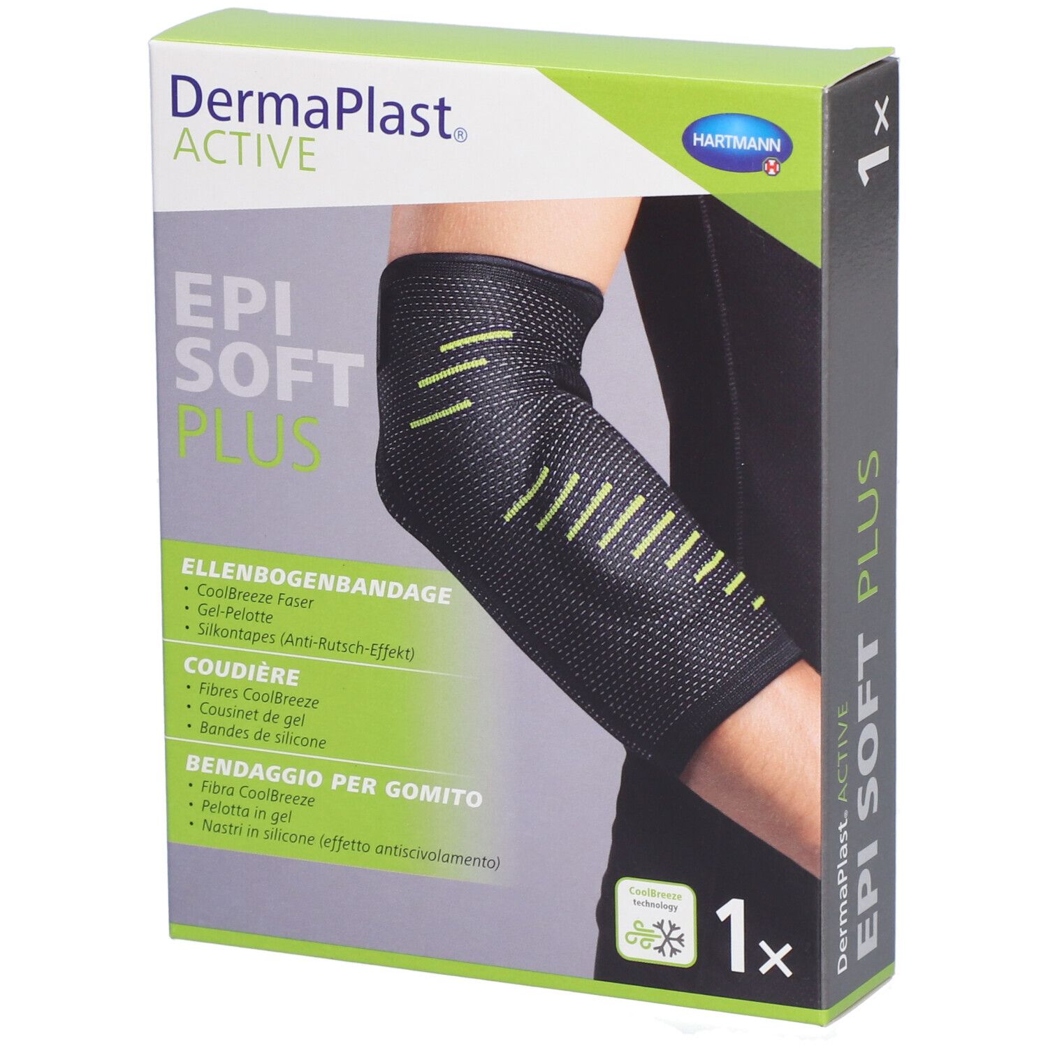 Verpackung von Dermaplast Aktiv Epi Soft Plus. Gezeigt ist eine Ellbogenbandage. Aufdrucke: Marke, Produktname, 1x.