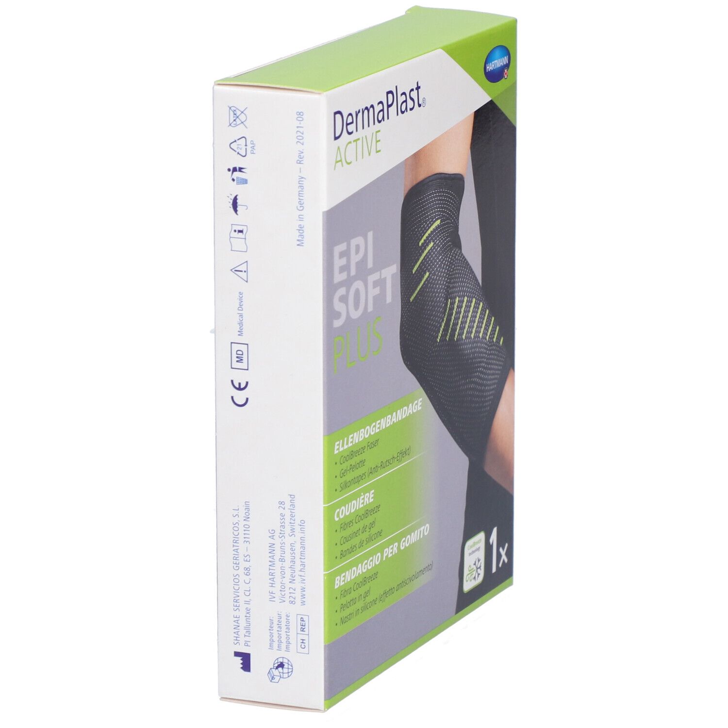 Verpackung von Dermaplast Aktiv Epi Soft Plus. Seitenansicht. Aufdrucke: Marke, Produktname, Ellbogenbandage, 1x.
