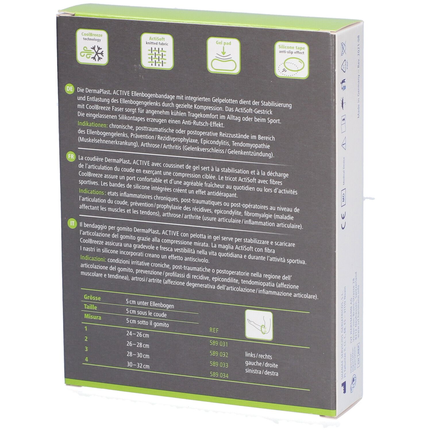 Rückseite der Verpackung von Dermaplast Aktiv Epi Soft Plus. Text in Deutsch, Französisch und Italienisch. Größenangaben.