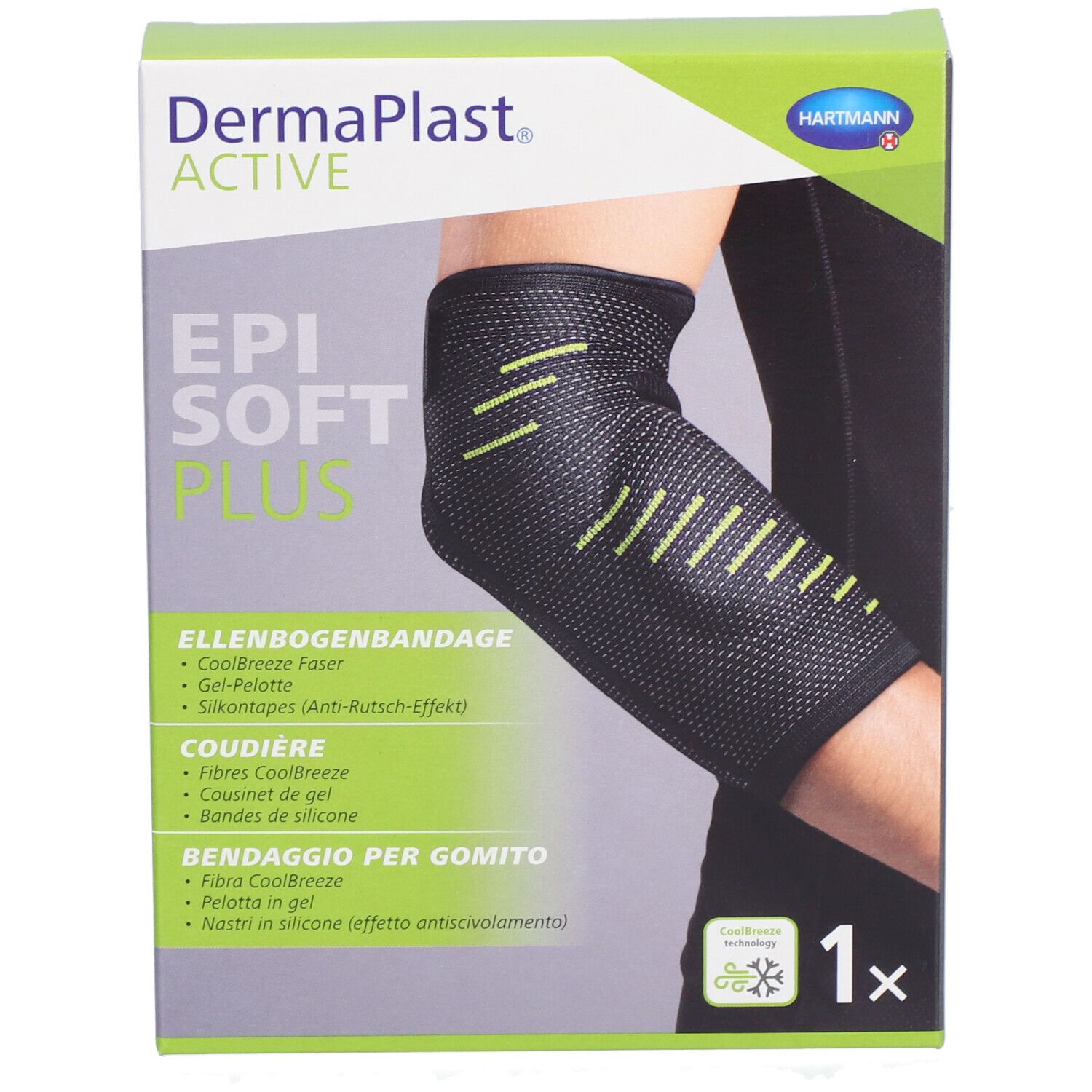Verpackung von Dermaplast Aktiv Epi Soft Plus. Gezeigt ist eine Ellbogenbandage. Aufdrucke: Marke, Produktname, 1x.