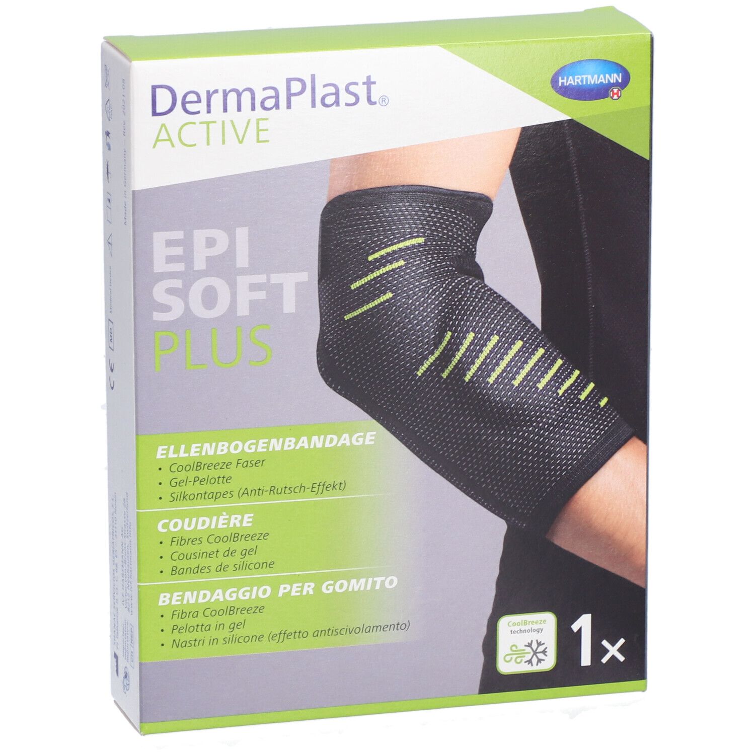 Verpackung von Dermaplast Aktiv Epi Soft Plus. Gezeigt ist eine Ellbogenbandage. Aufdrucke: Marke, Produktname, 1x.