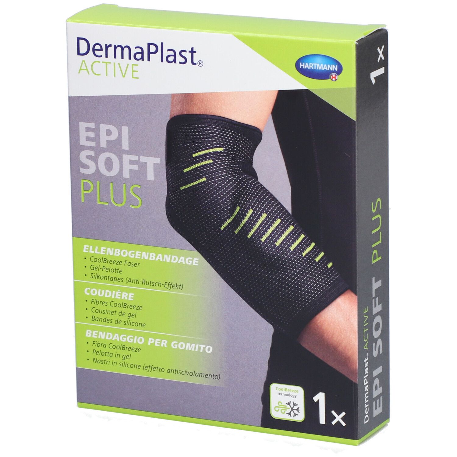 Verpackung von Dermaplast Aktiv Epi Soft Plus. Enthält eine Ellenbogenbandage. Grün-weiße Verpackung mit Produktabbildung.