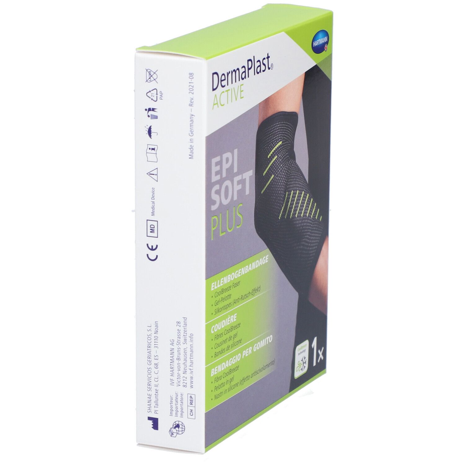 Seitenansicht der Dermaplast Aktiv Epi Soft Plus Verpackung. Produktname und Logo deutlich sichtbar. Grüne und weiße Farbgebung.