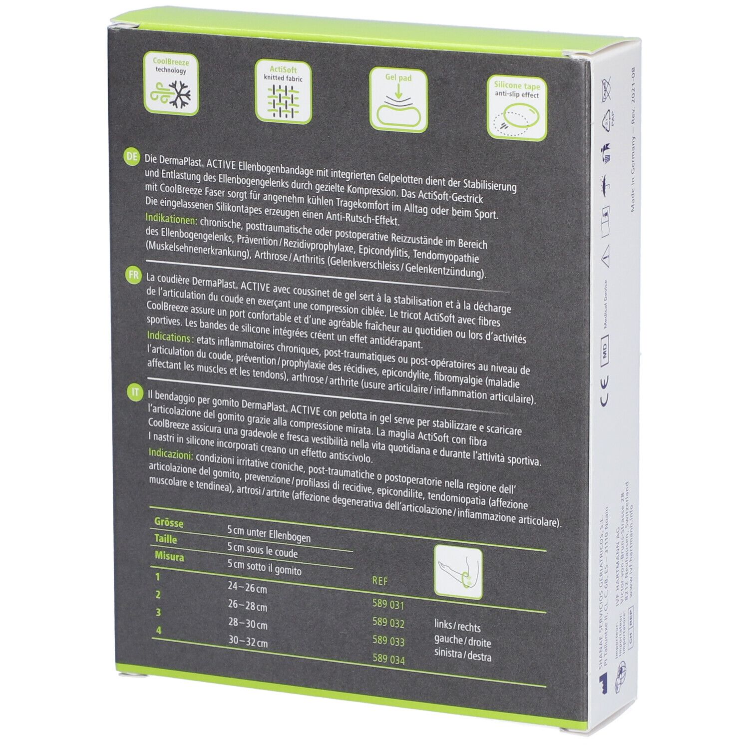 Rückseite der Dermaplast Aktiv Epi Soft Plus Verpackung. Textinformationen und Größenangaben. Grün-weiße Farbgebung.