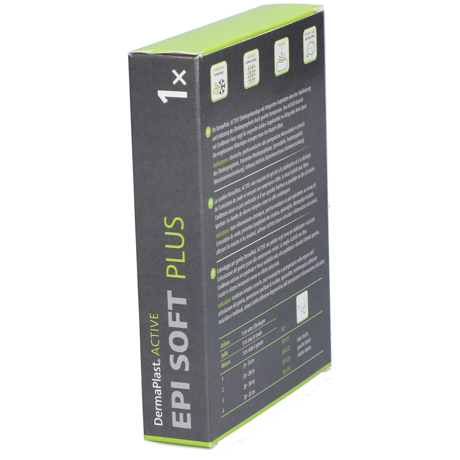 Seitenansicht der Dermaplast Aktiv Epi Soft Plus Verpackung. Produktname und Logo deutlich sichtbar. Grün-weiße Farbgebung.