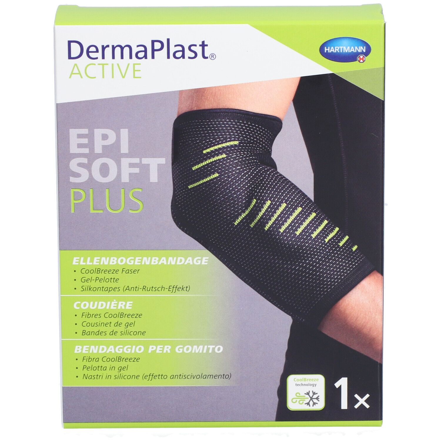 Verpackung von Dermaplast Aktiv Epi Soft Plus. Enthält eine Ellenbogenbandage. Grün-weiße Verpackung mit Produktabbildung.